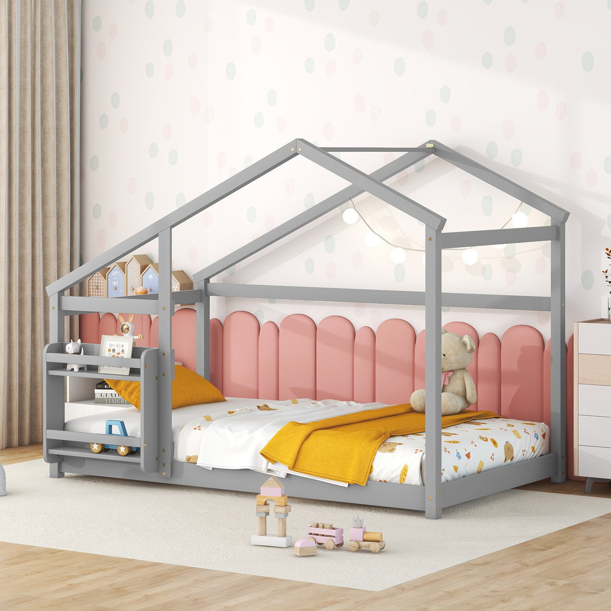 Twin Size Wooden House Bed, Twin Floor Wooden Bed with Shelf, No Box Spring Needed, Gray Color, Twin bed