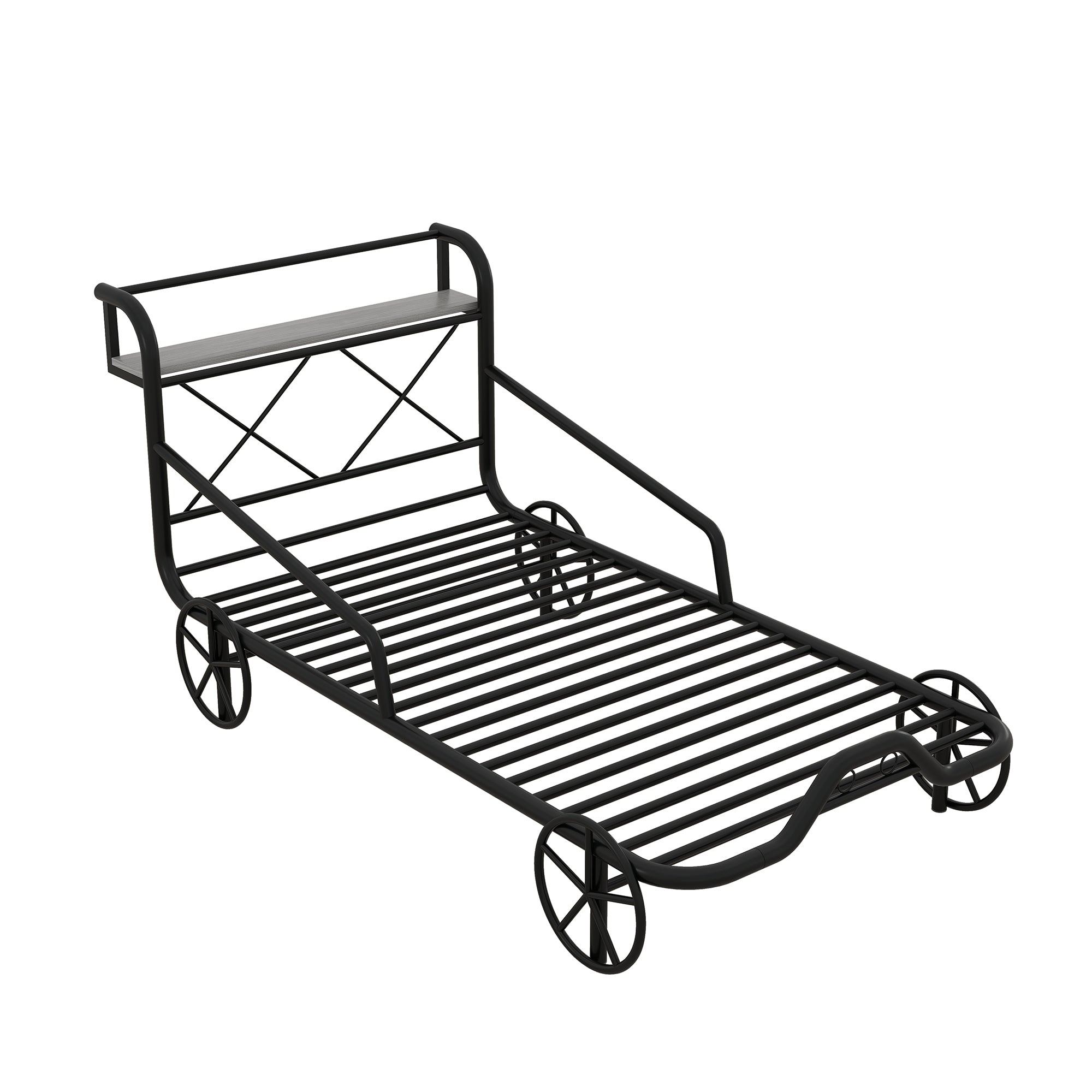 Twin Size Metal Car Bed with Four Wheels, Guardrails and X-Shaped Frame Shelf, Black(Old SKU: MF297599AAB)