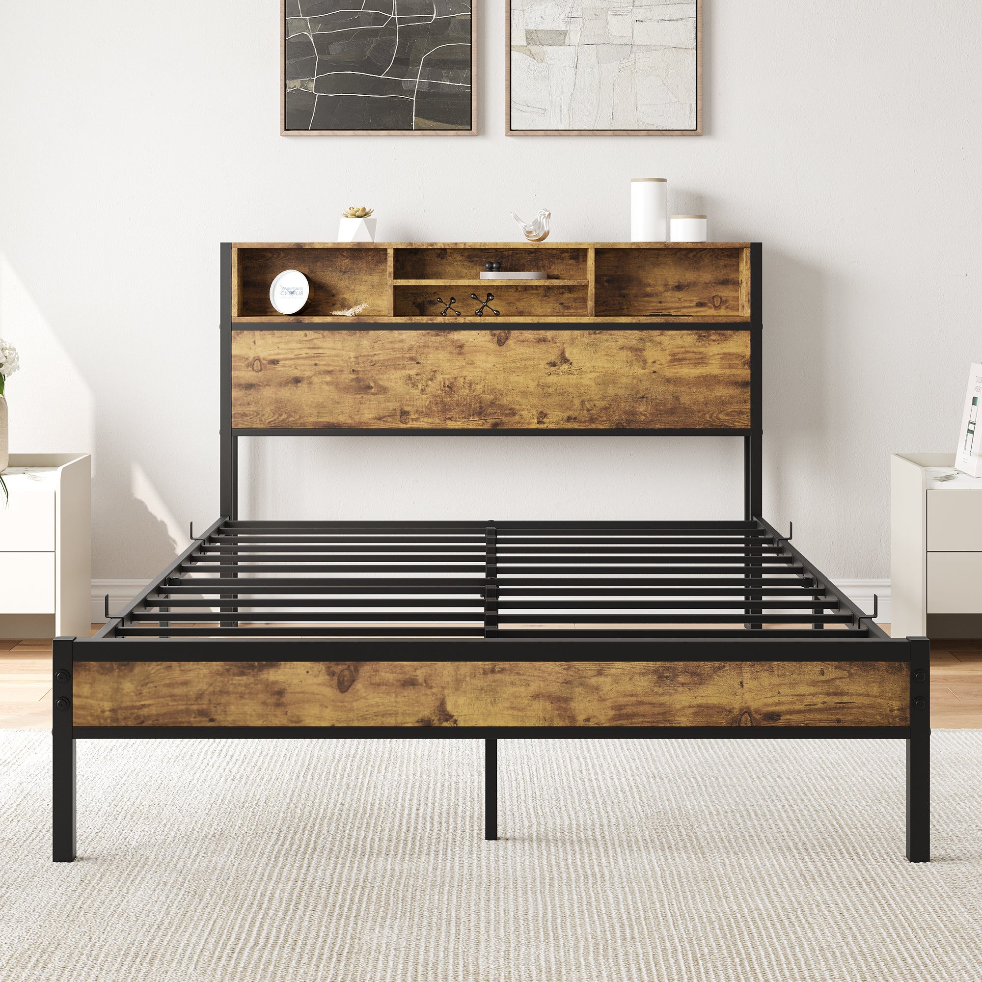 Full Size Bed Frame with Storage Headboard, Metal Platform Bed with Charging Station, Bookcase Storage, No Box Spring Needed, Easy Assembly, Noise-Free, Black