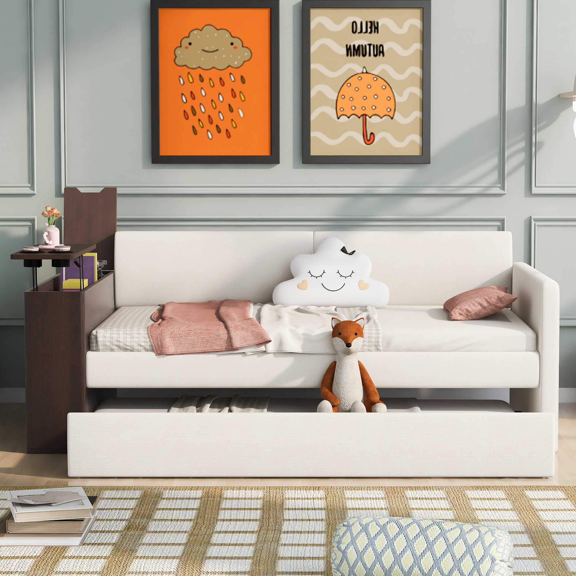 Twin Size Upholstery Daybed with Storage Arm, Trundle, Cup Holder and USB Design, Beige