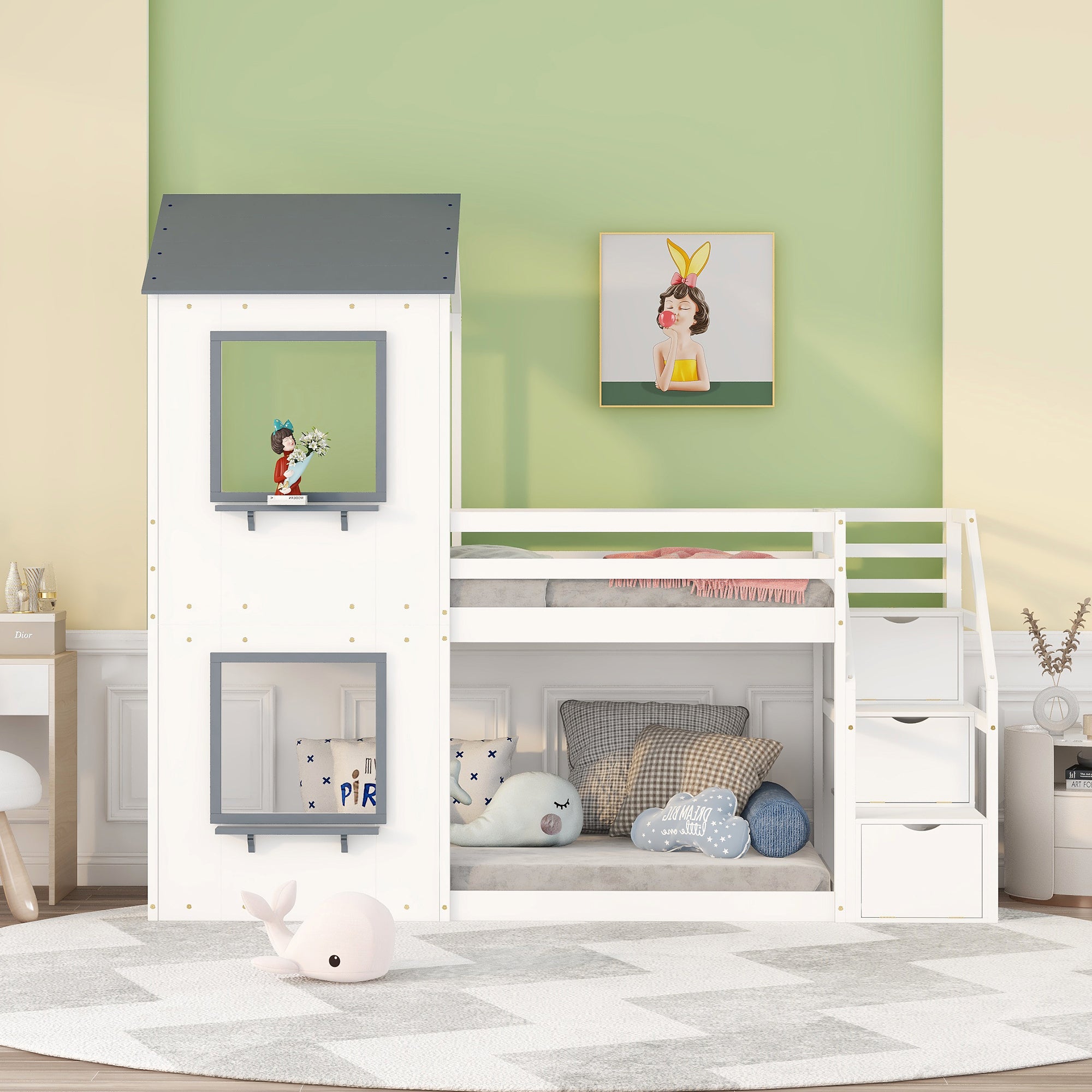 Twin Over Twin Bunk Bed with Storage Stairs,Wood Bed with Roof, Window, Guardrail, Ladder, White