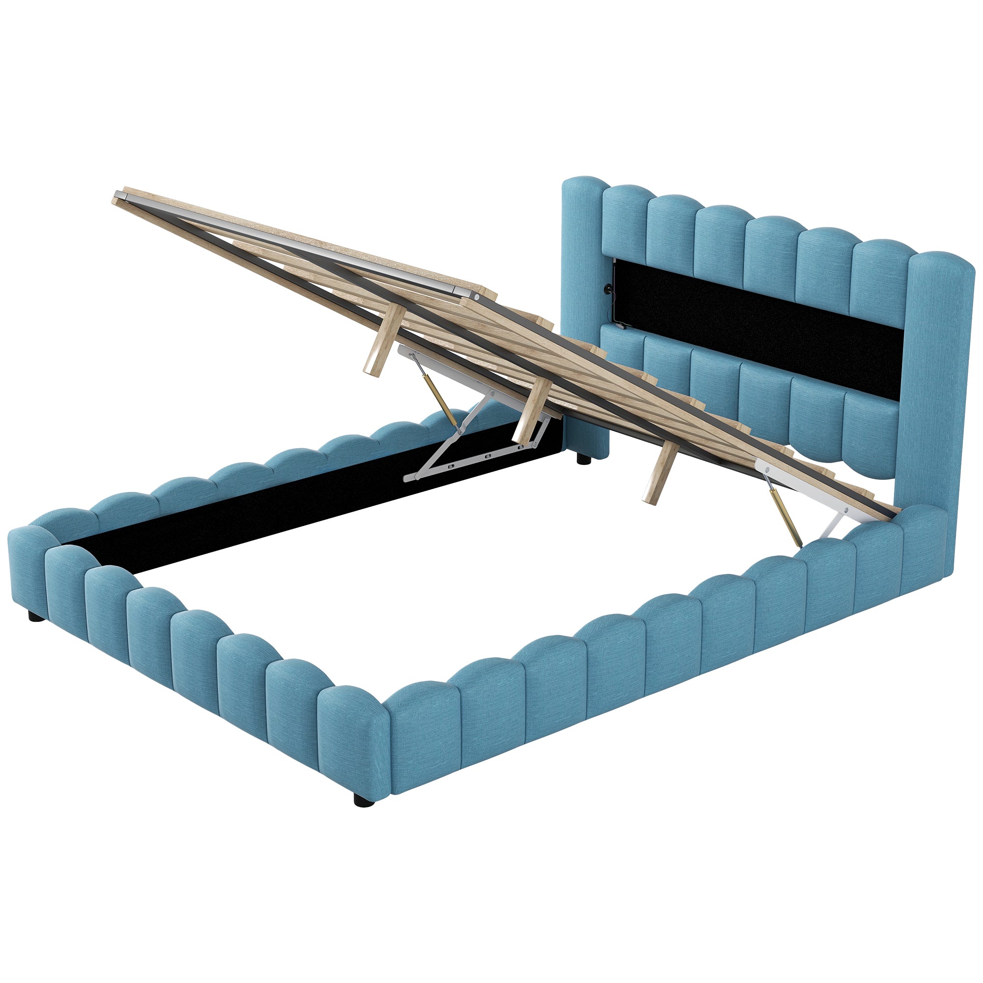 Queen Size Upholstered Platform Bed with LED Headboard and USB, Blue