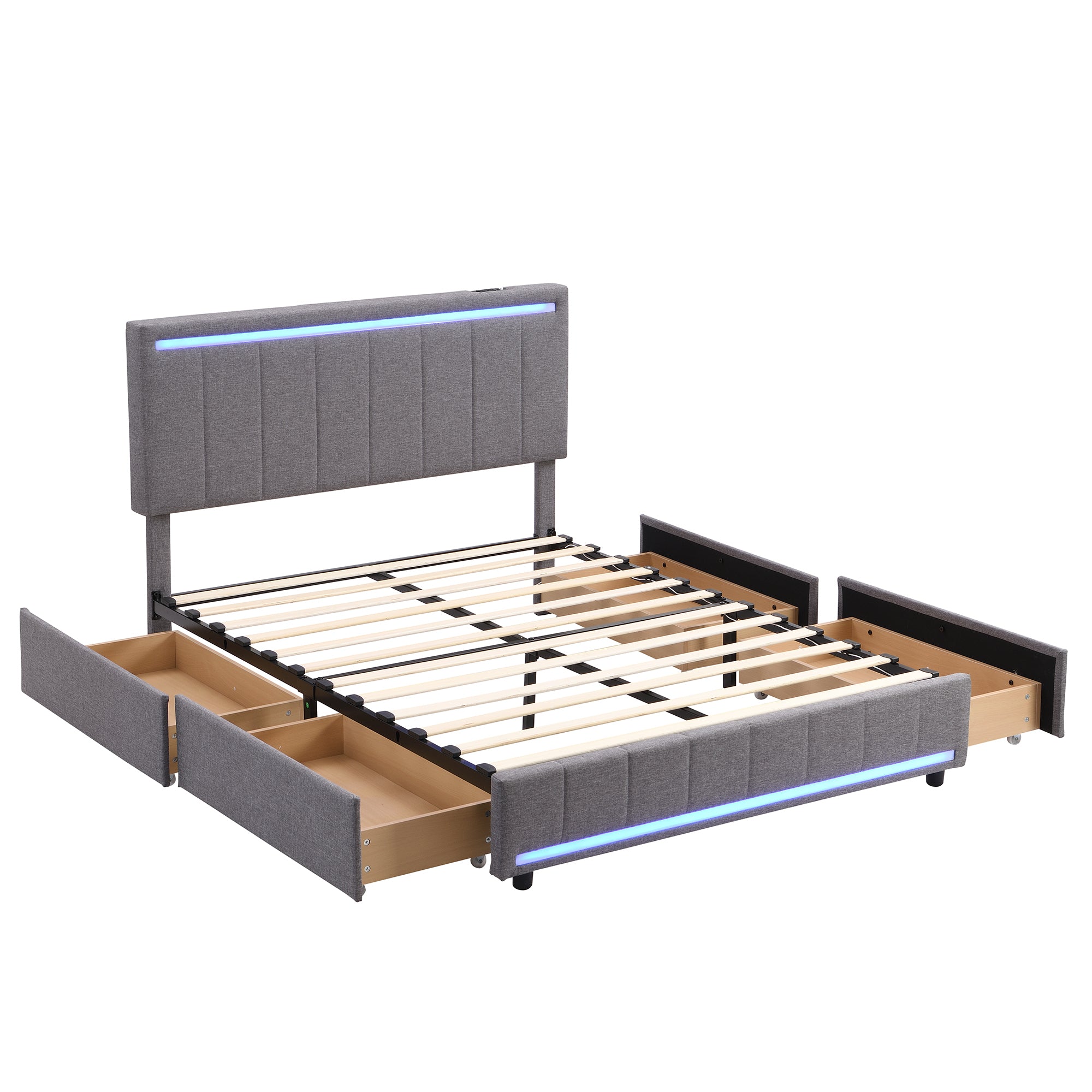 Full Size Upholstered Bed with LED Light and 4 Drawers, Modern Platform Bed with a set of Sockets and USB Ports, Linen Fabric, Gray