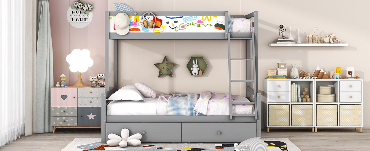 Wood Twin over Full Bunk Bed with Whiteboard, 3 Hooks and 2 Drawers, Grey