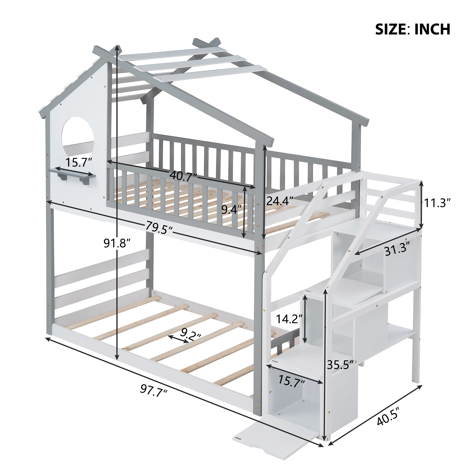 Stairway Twin-Over-Twin Bunk Bed,House Bed,Storage and Guard Rail,Gray Bed +White Stair