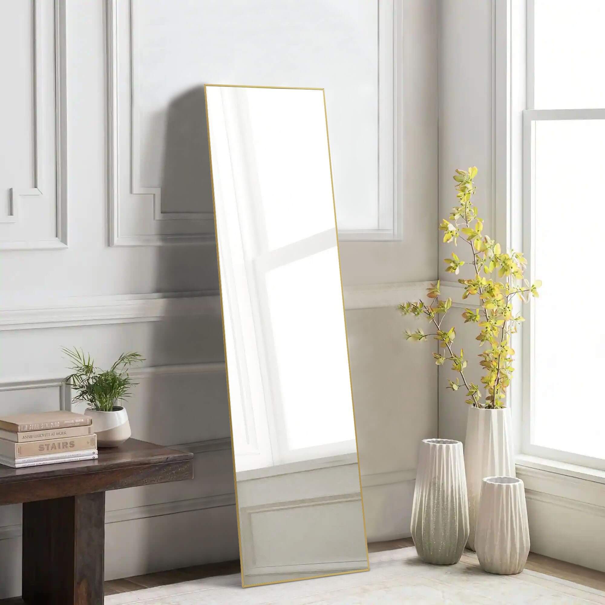 Floor Standing Mirror, Wall Mirror with Stand Aluminum Alloy Thin Frame,30''*71'',Gold-rect