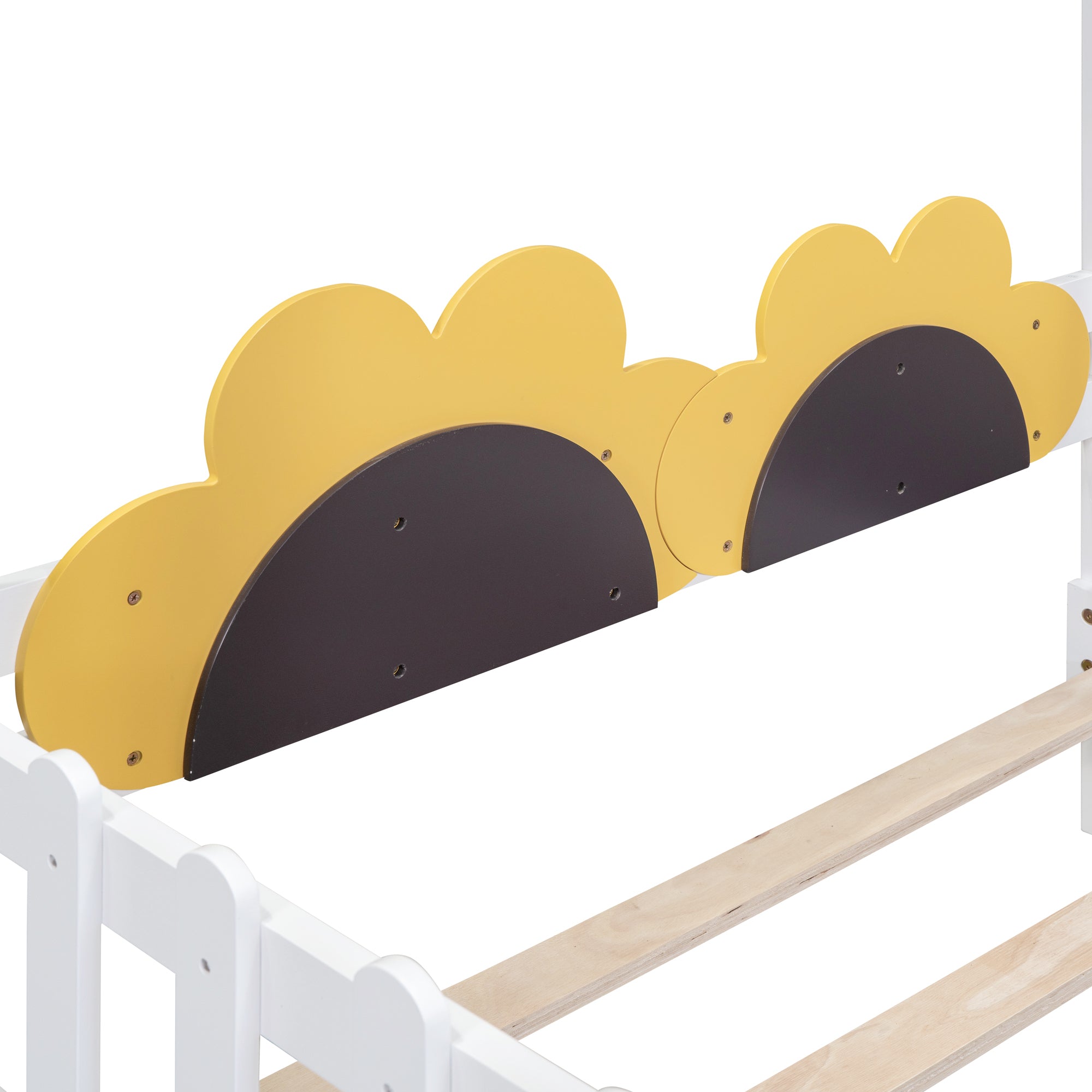 Twin Size Platform Bed with Windmill and Flower Decor, House Bed with Desk and two Handles, White