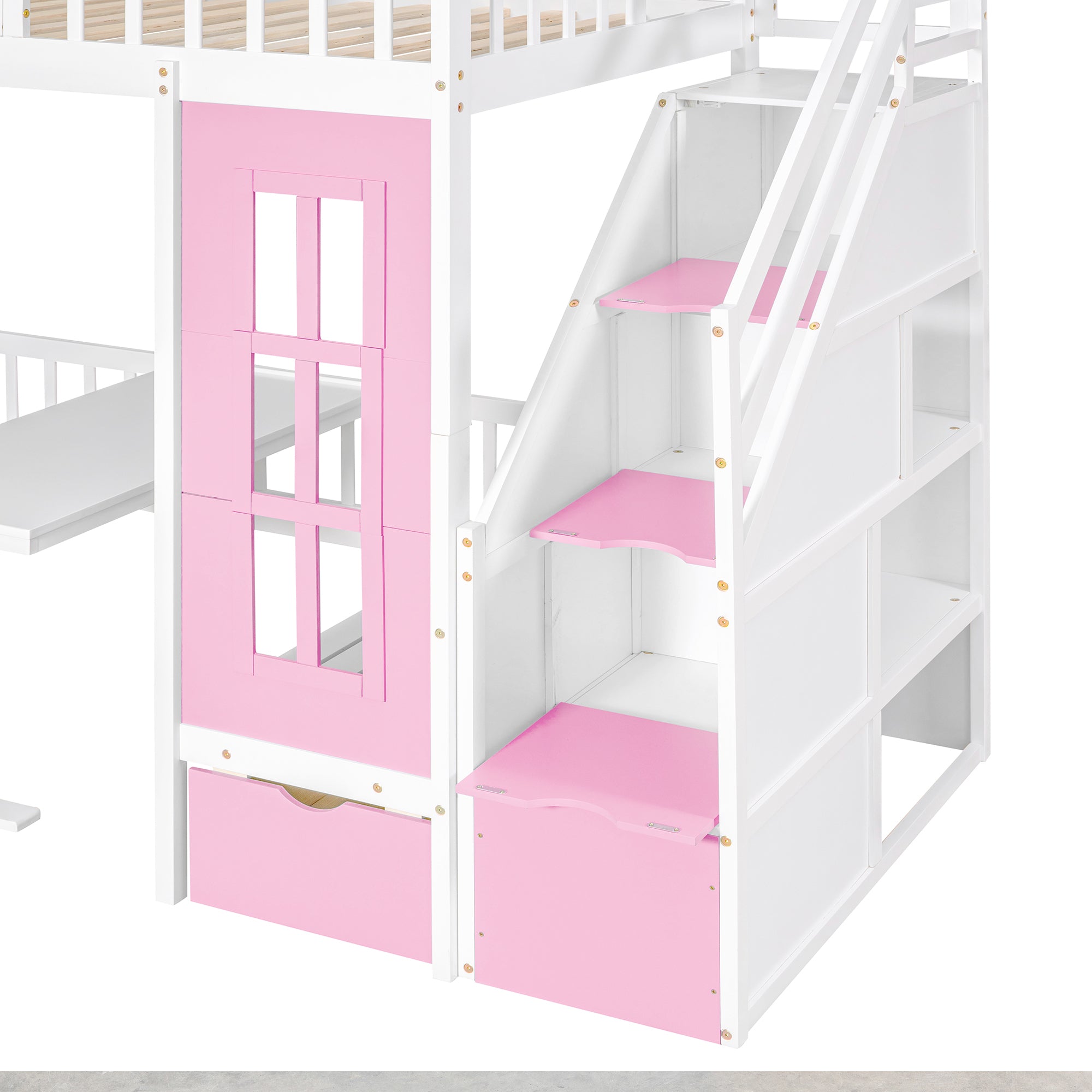Twin-Over-Twin Bunk Bed with Changeable Table , Bunk Bed Turn into Upper Bed and Down Desk with 2 Drawers - Pink