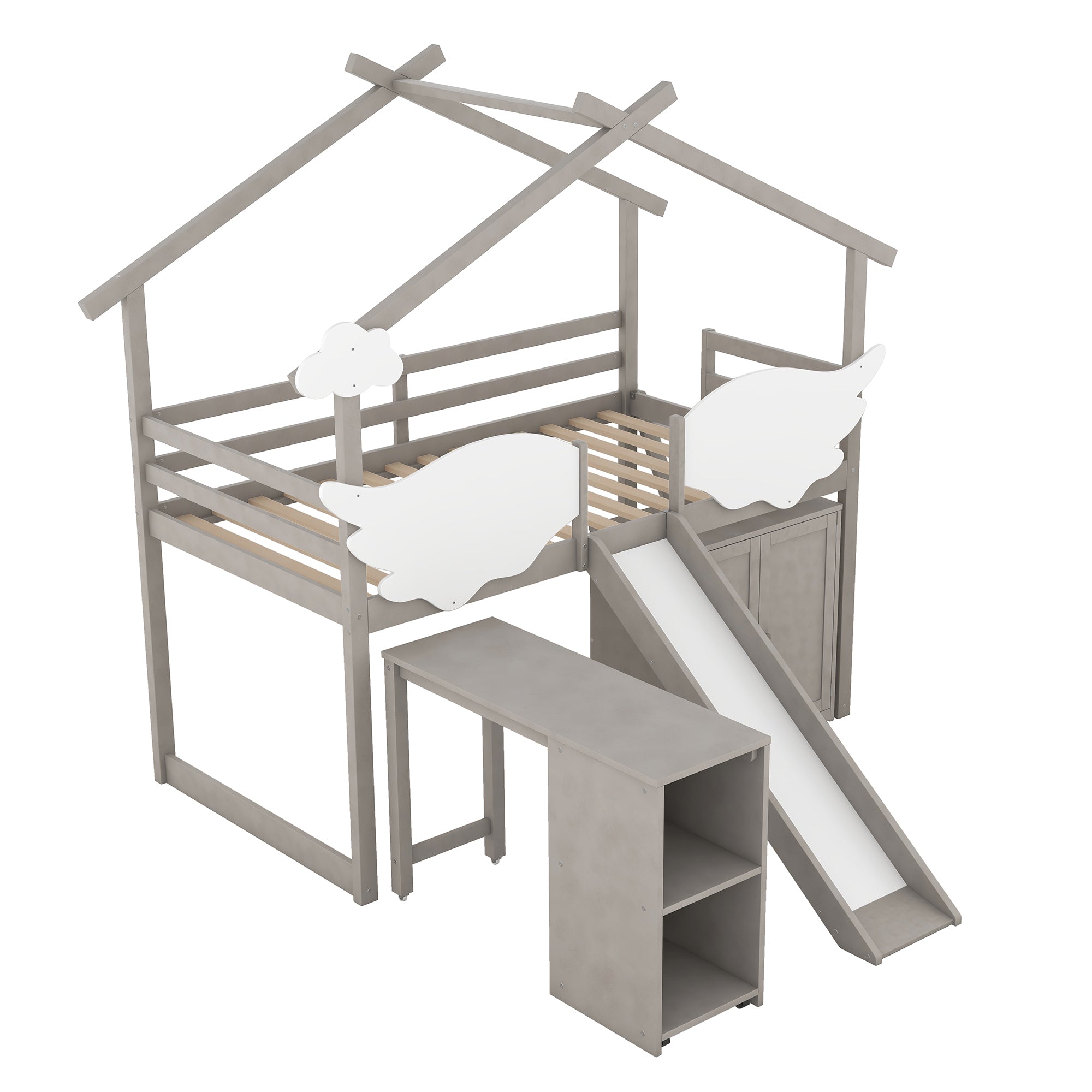 Twin Size House Bed with Wardrobe, Slide and Ladder, Wing-Shaped Fence, Pullable Desk with Storage, Worn Gray+White