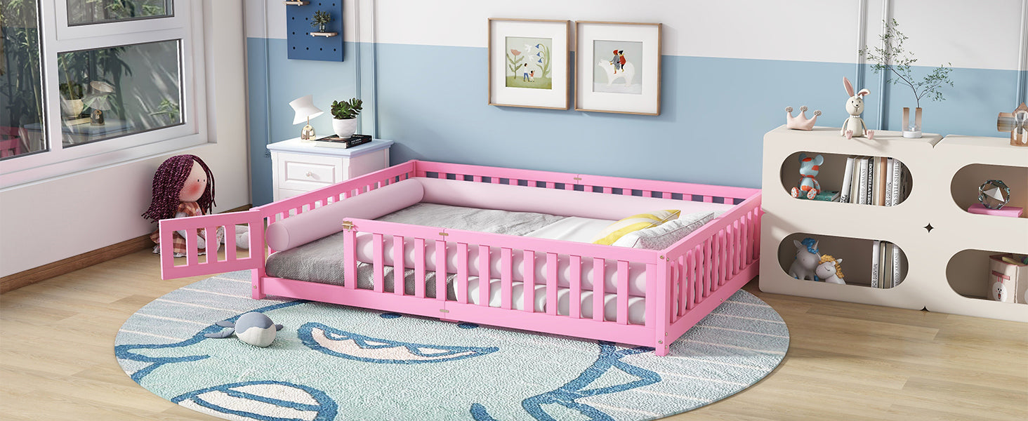 Queen Size Bed Floor Bed with Safety Guardrails and Door for Kids, Pink (Expect Arrival Date Nov.2nd)