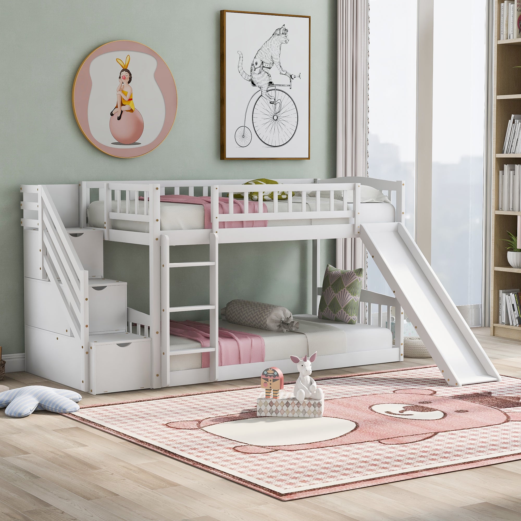 Stairway Twin over Twin Bunk Bed with Two Drawers and Slide, White(OLD SKU :LT000155AAK)