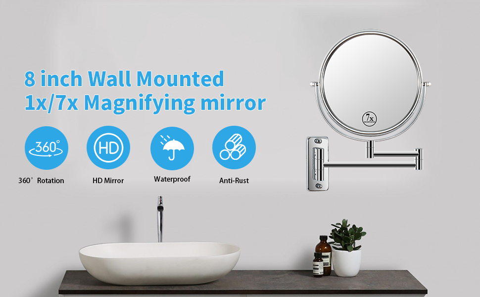 8-inch Wall Mounted Makeup Vanity Mirror, 1X / 7X Magnification Mirror, 360° Swivel with Extension Arm (Chrome Finish)