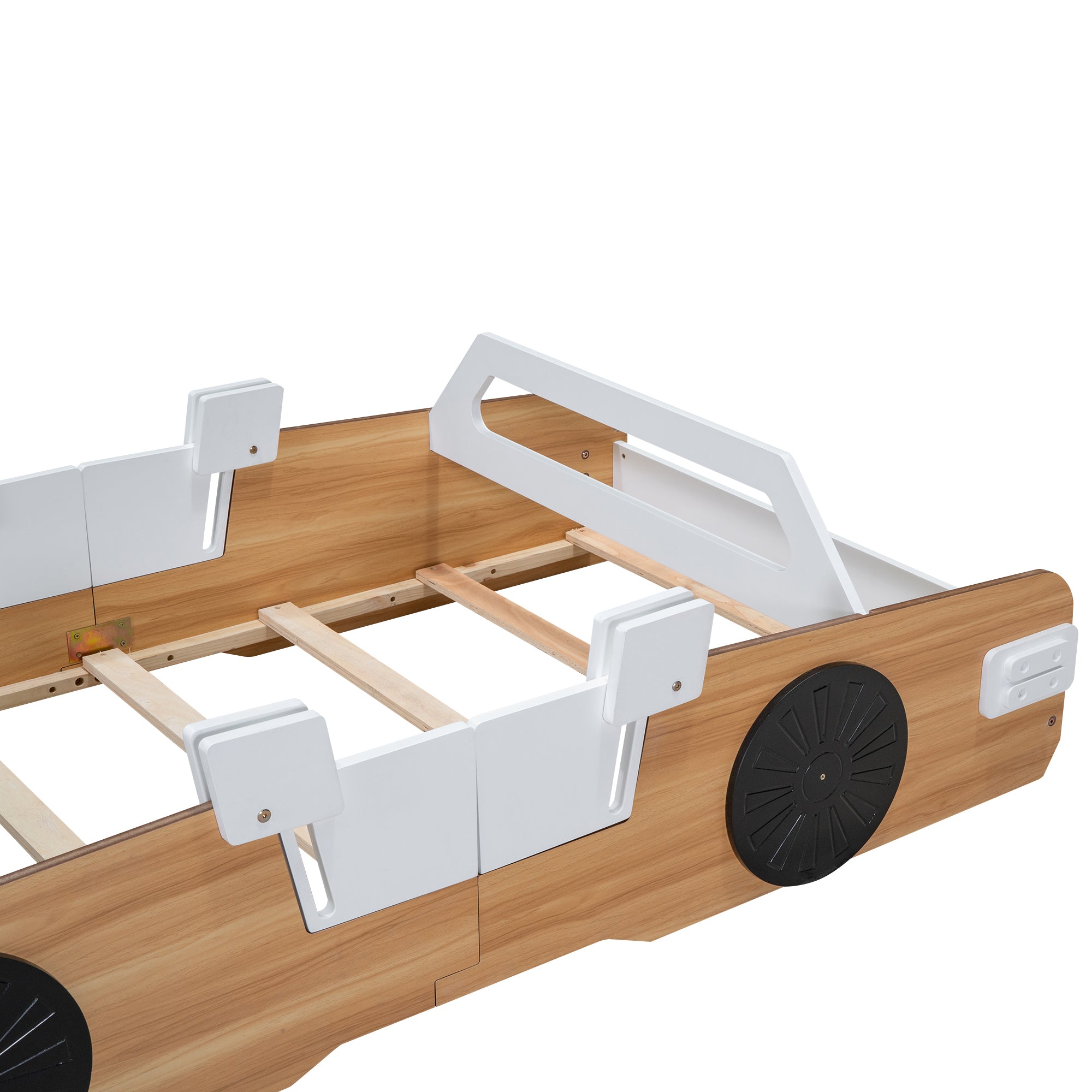 Wood Twin Size Racing Car Bed with Door Design and Storage, Natural+White+Black