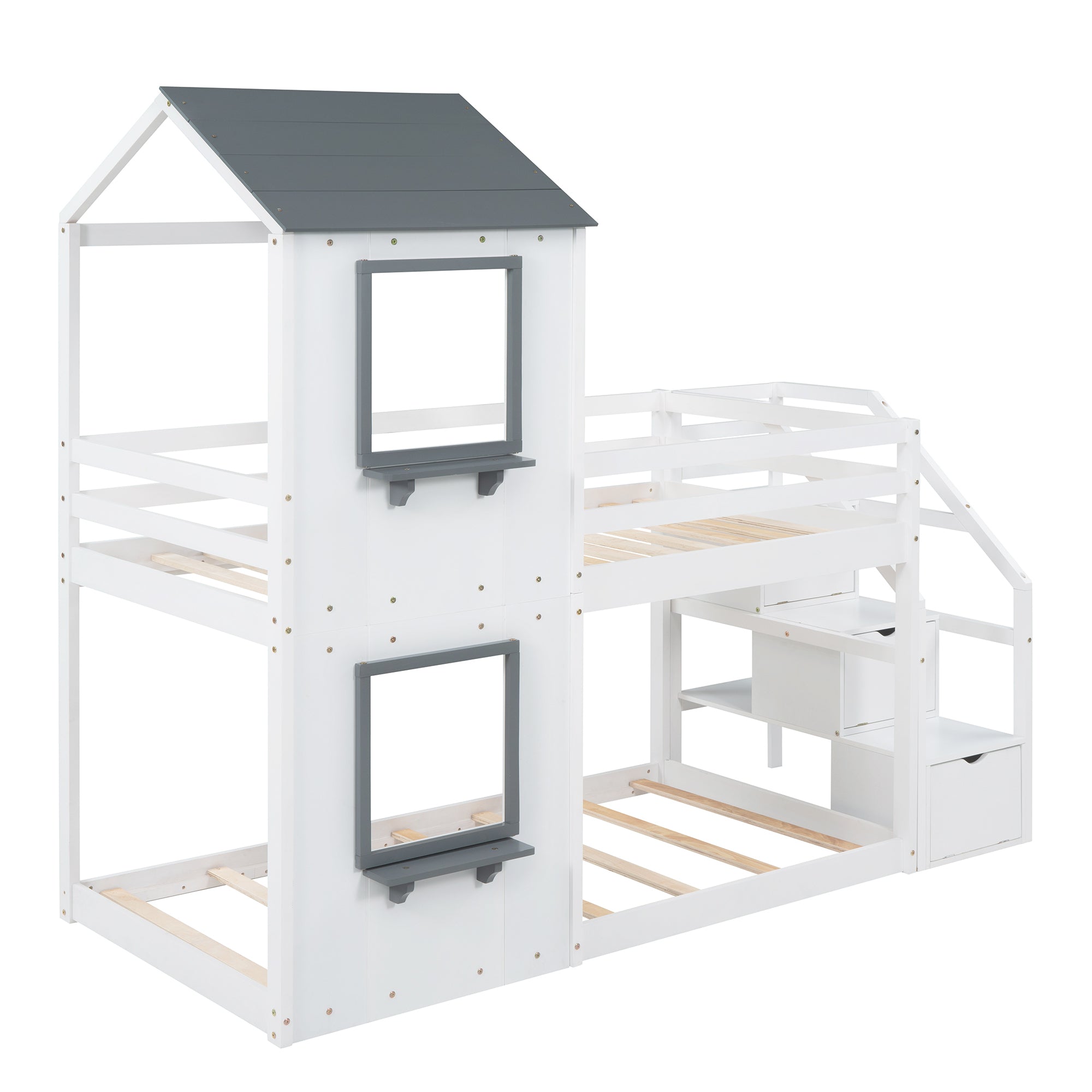 Twin Over Twin Bunk Bed with Storage Stairs,Wood Bed with Roof, Window, Guardrail, Ladder, White