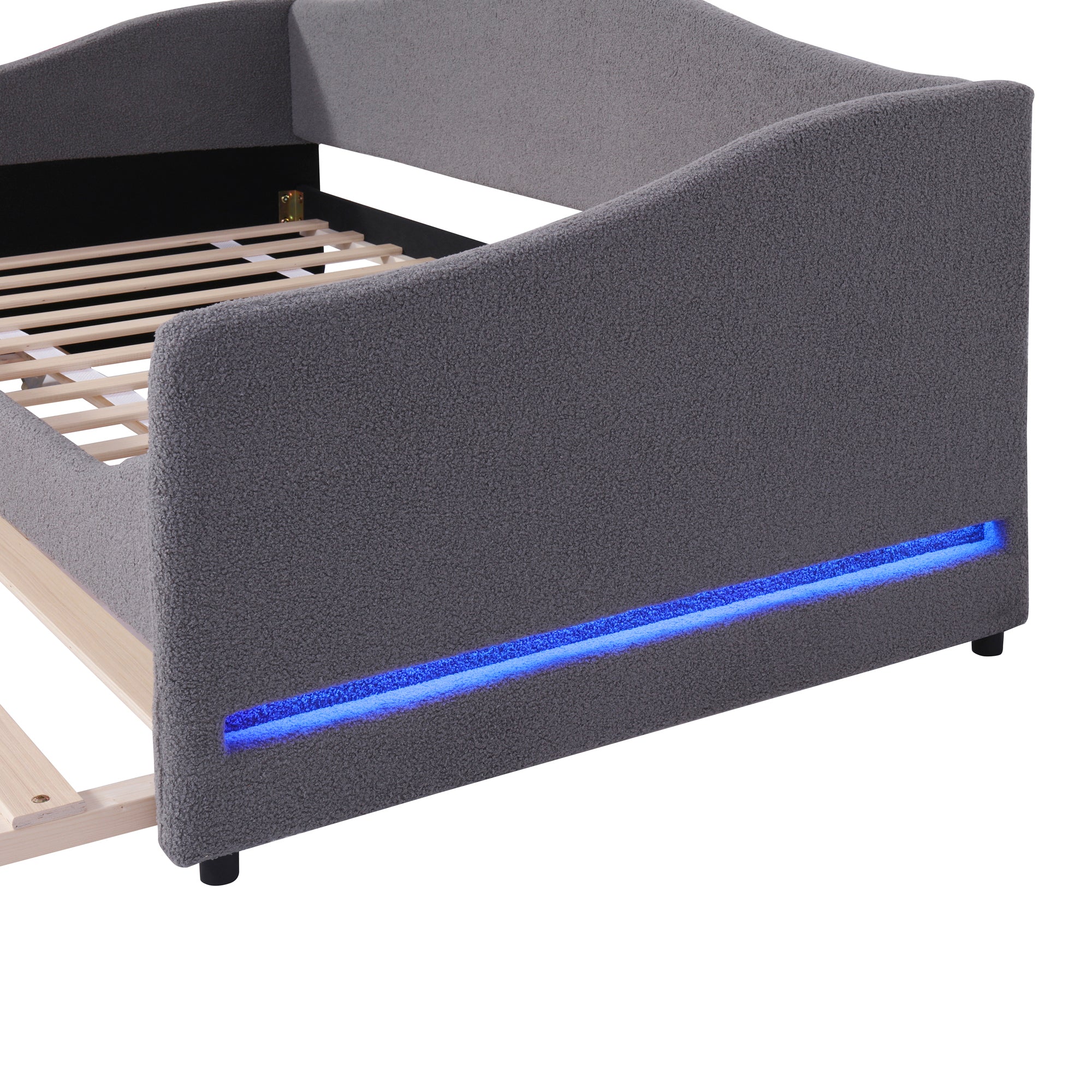 Teddy Fleece Twin Size Upholstered Daybed with Light and Trundle, Gray