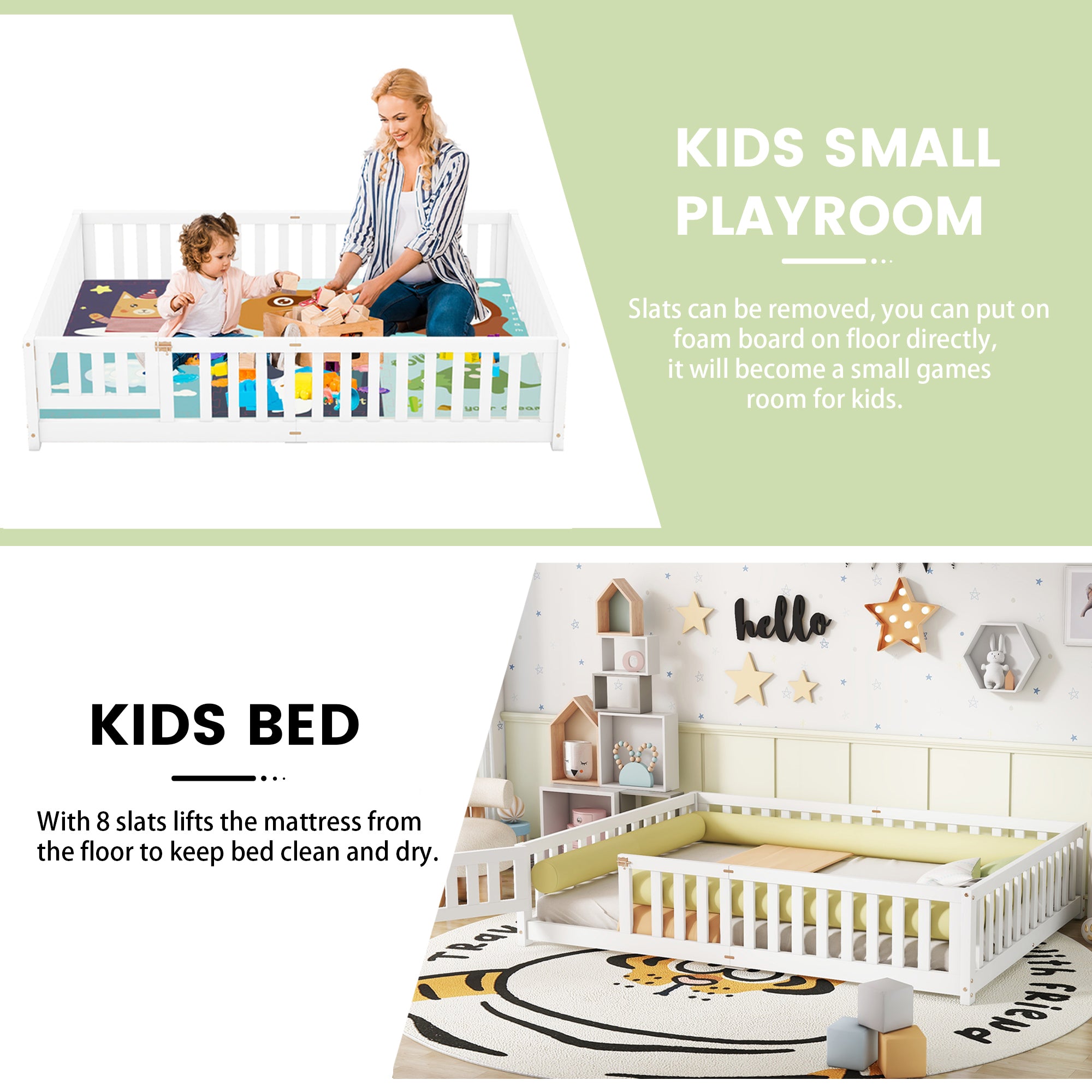 Queen Size Bed Floor Bed with Safety Guardrails and Door for Kids, White (Expect Arrival Date Nov.2nd)