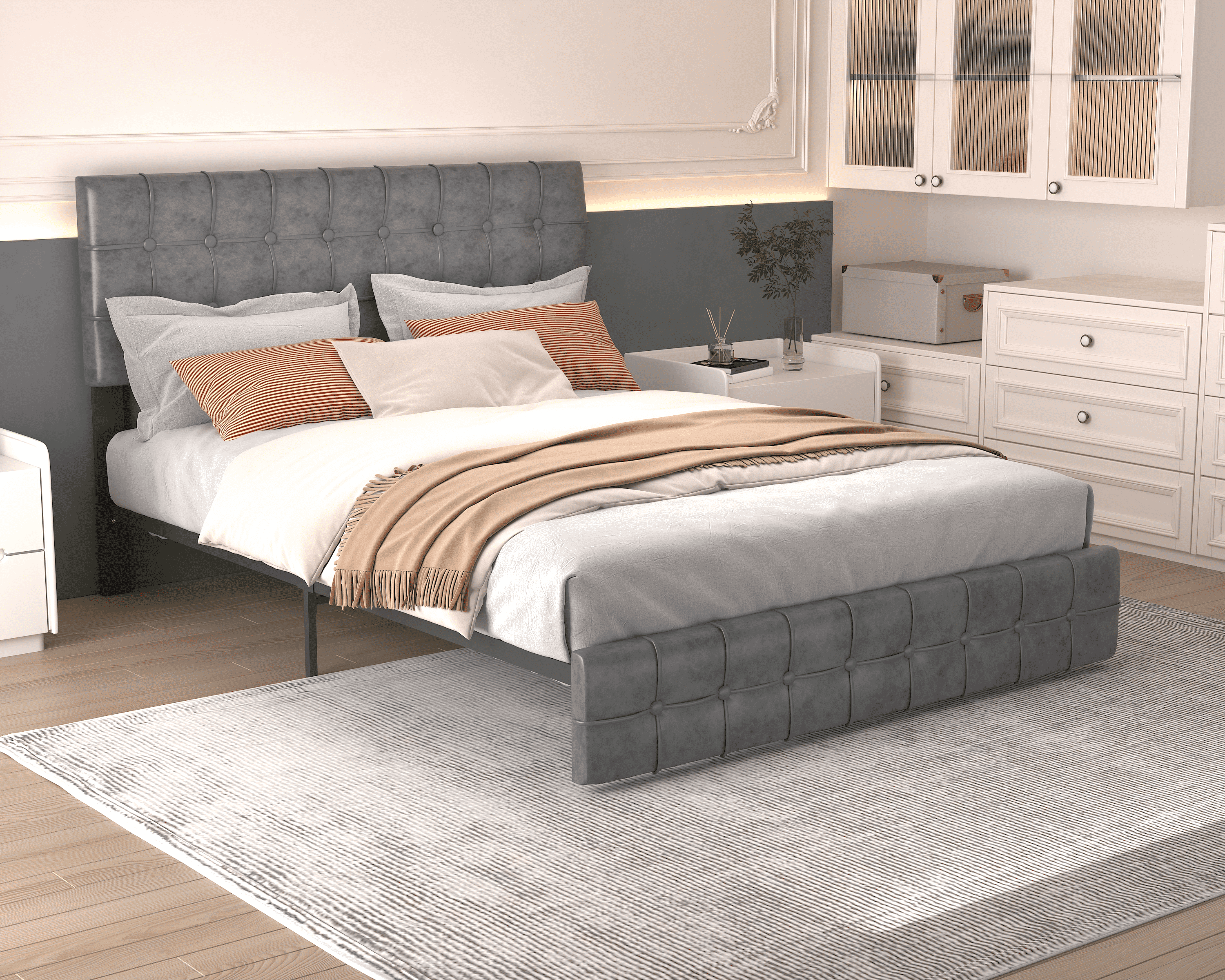 Full Size Bed Frame, Modern Upholstered Platform Bed with Adjustable Headboard, Heavy Duty Button Tech cloth Bed Frame with Wood Slat Support, Easy Assembly, No Box Spring Needed (Dark Grey, Full)