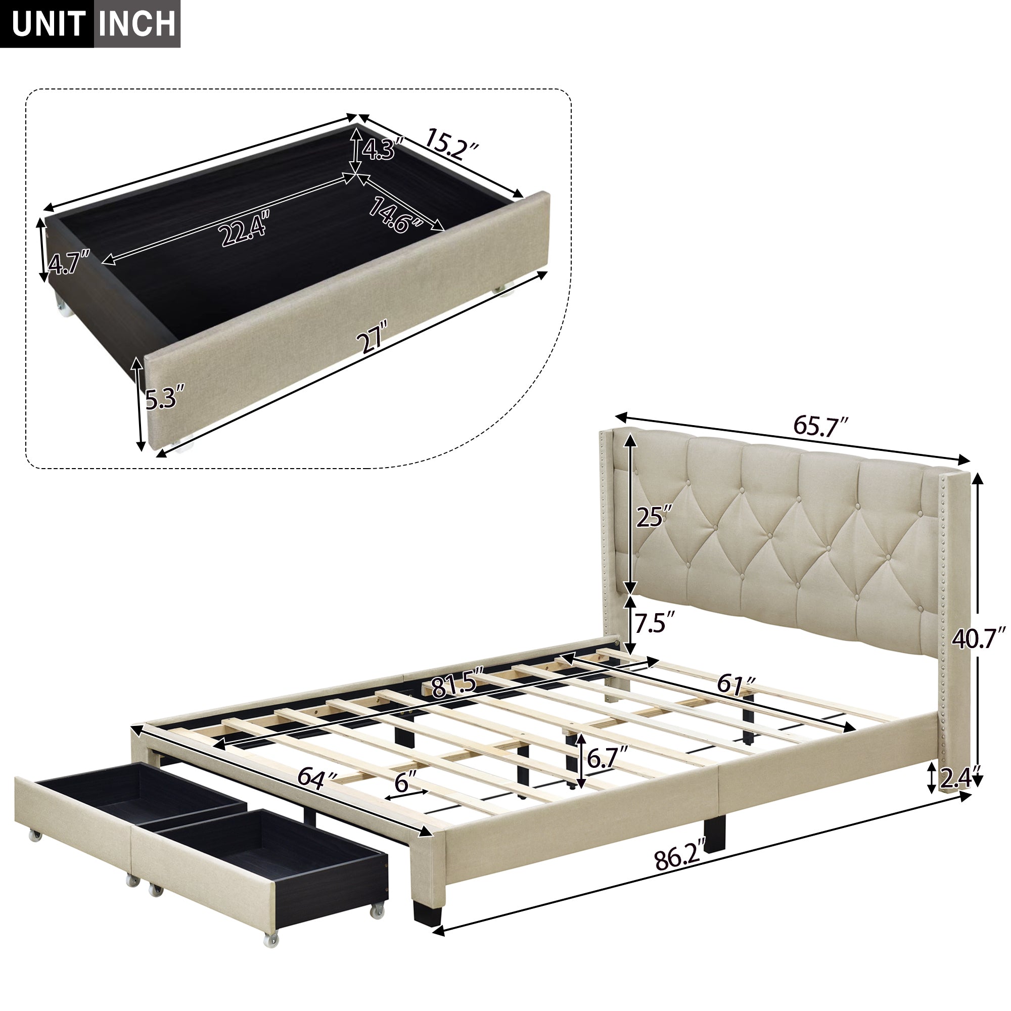 Queen Size Storage Bed Linen Upholstered Platform Bed with Two Drawers - Beige