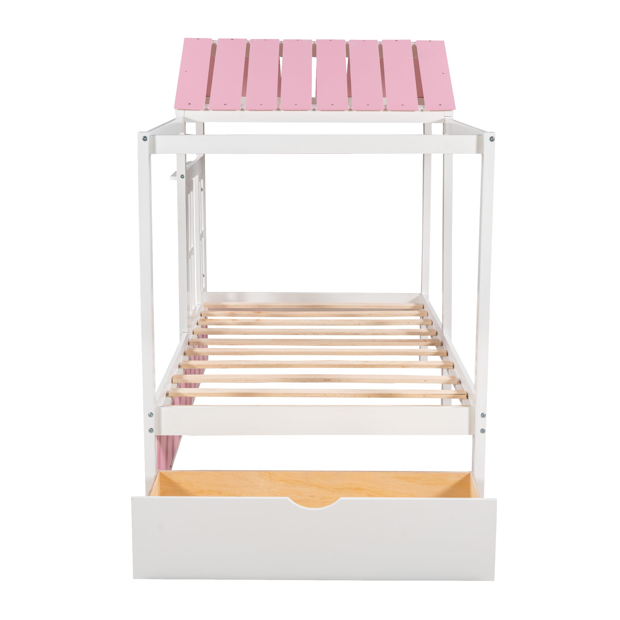 Twin Size House Bed with Roof, Window and Drawer - Pink + White