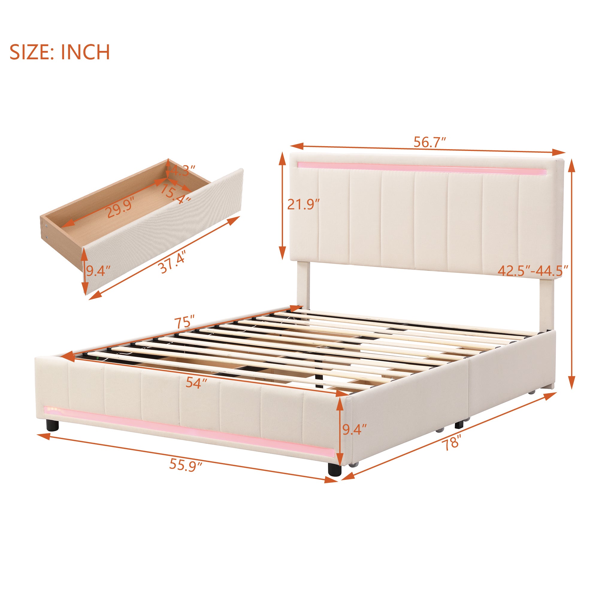 Full Size Upholstered Bed with LED Light and 4 Drawers, Modern Platform Bed with a set of Sockets and USB Ports, Linen Fabric, Beige