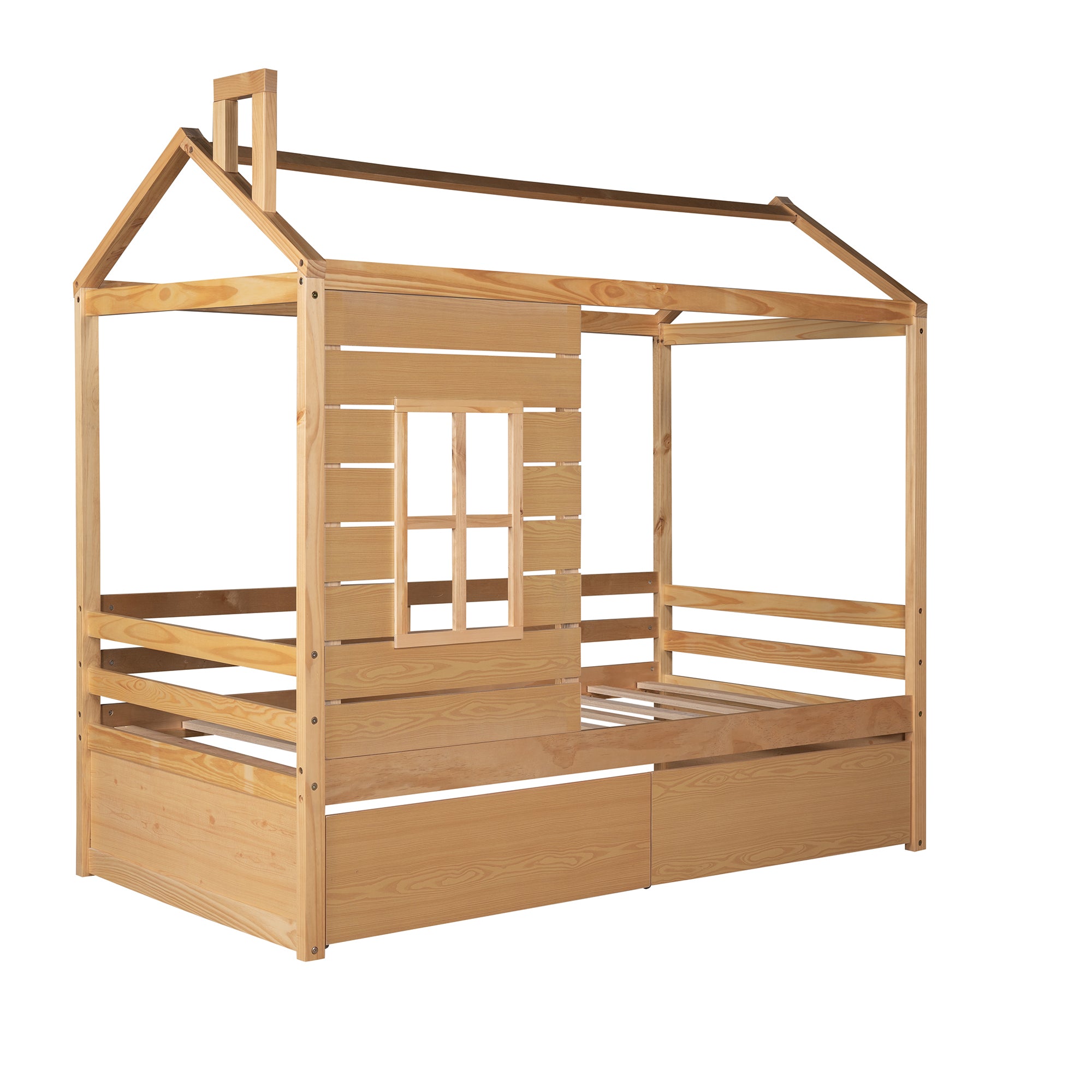 Twin Size House Bed Wood Bed with Two Drawers ( Natural )