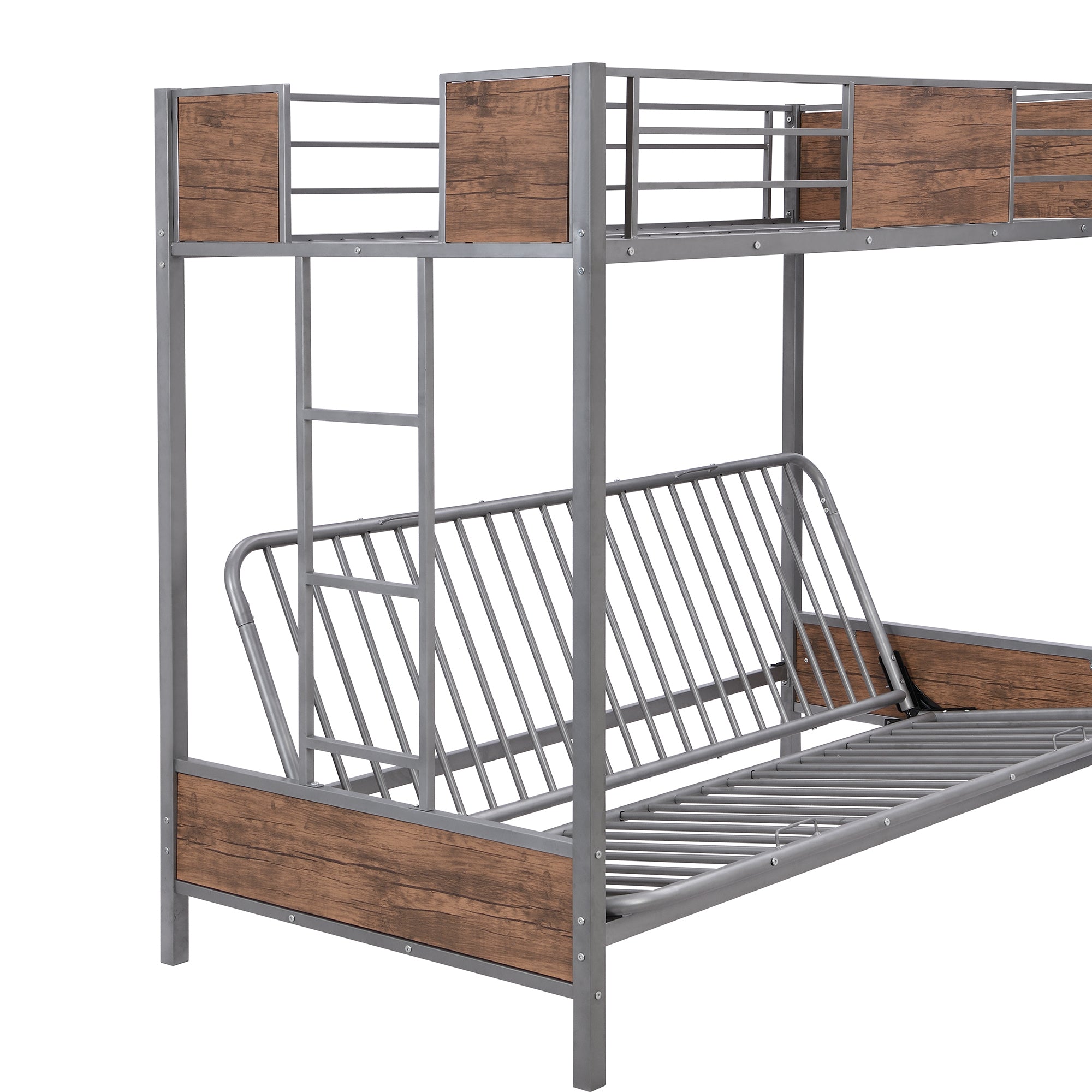 Twin-Over-Futon Bunk Bed, Metal Futon Bunk Bed Frame with Guardrails and Ladder(Gray)(OLD SKU:LP000096AAE)