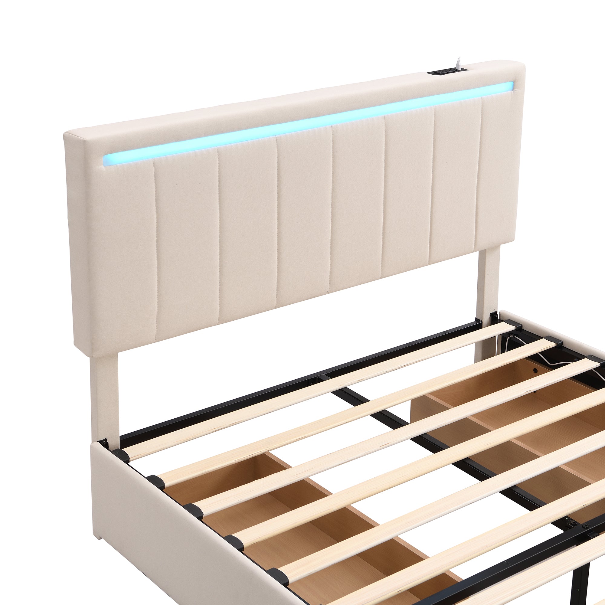 Full Size Upholstered Bed with LED Light and 4 Drawers, Modern Platform Bed with a set of Sockets and USB Ports, Linen Fabric, Beige