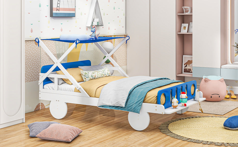 Wood Twin Size Car Bed with Ceiling Cloth, Headboard and Footboard, White+Blue