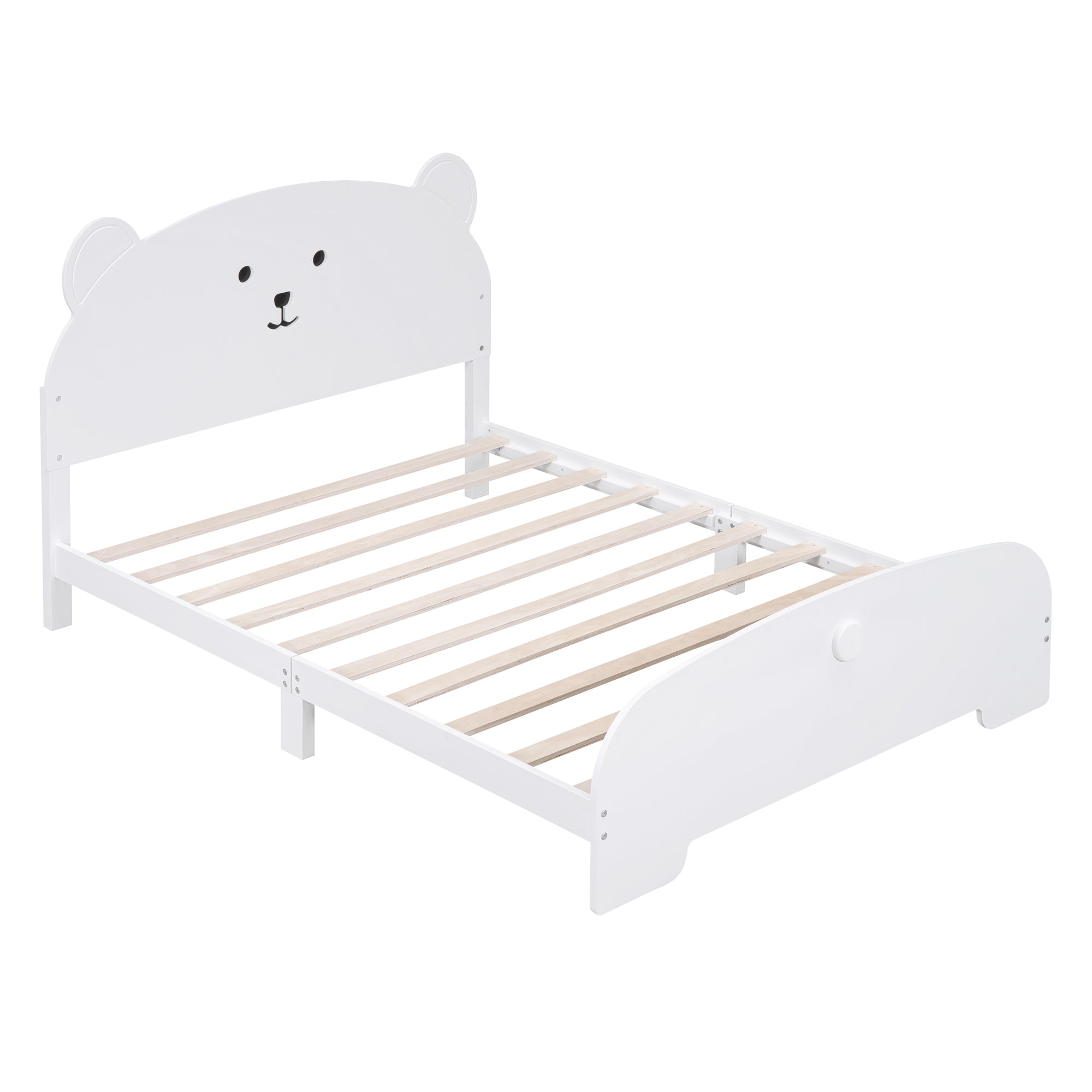 Full Size Wood Platform Bed with Bear-shaped Headboard and Footboard,White