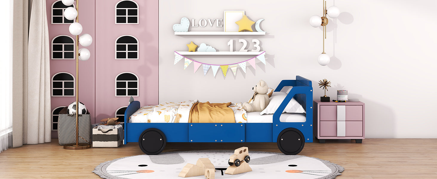 Full Size Car-Shaped Platform Bed with Wheels,Blue
