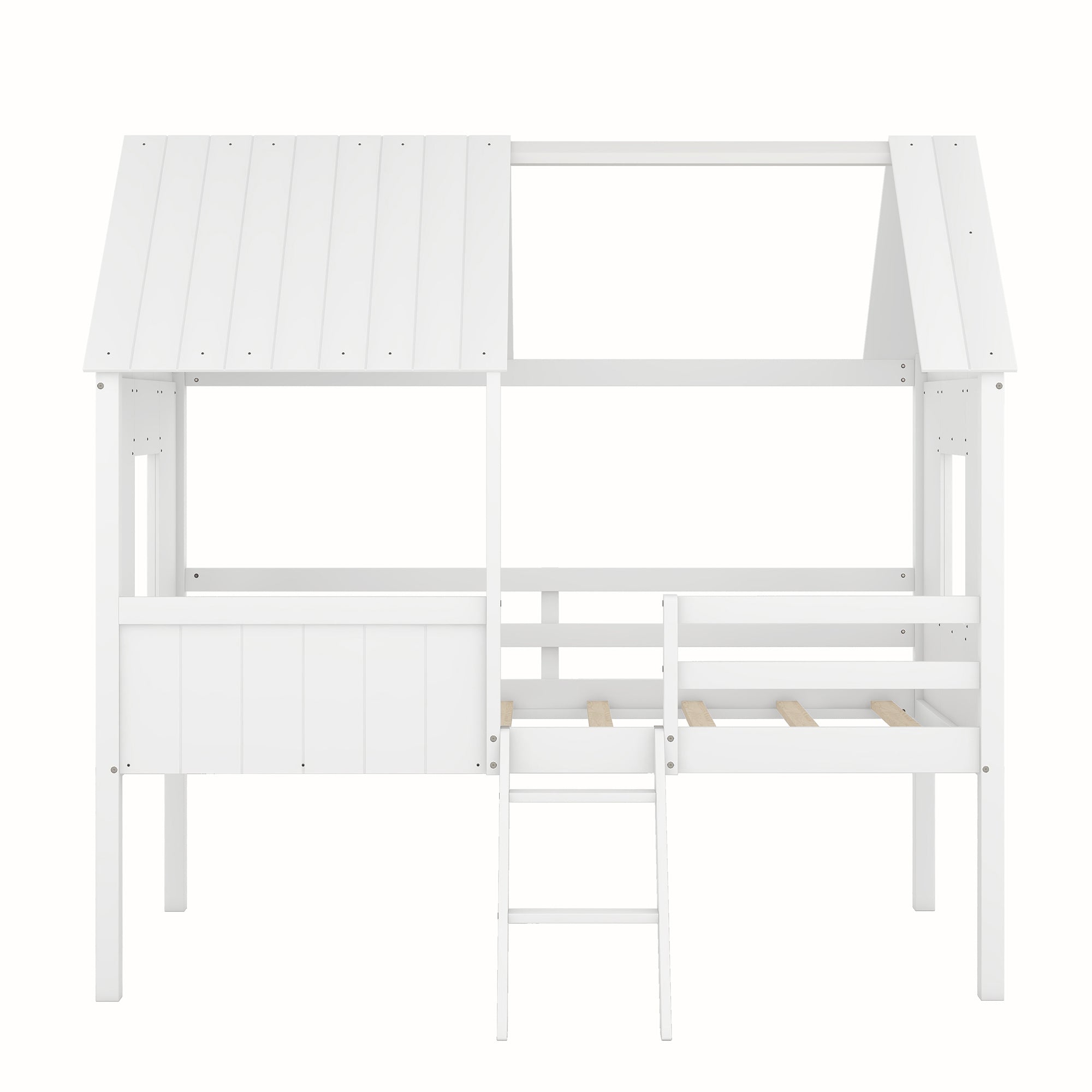 Twin Size Low Loft Wood House Bed with Two Side Windows (White)(OLD SKU: LP000037AAK)