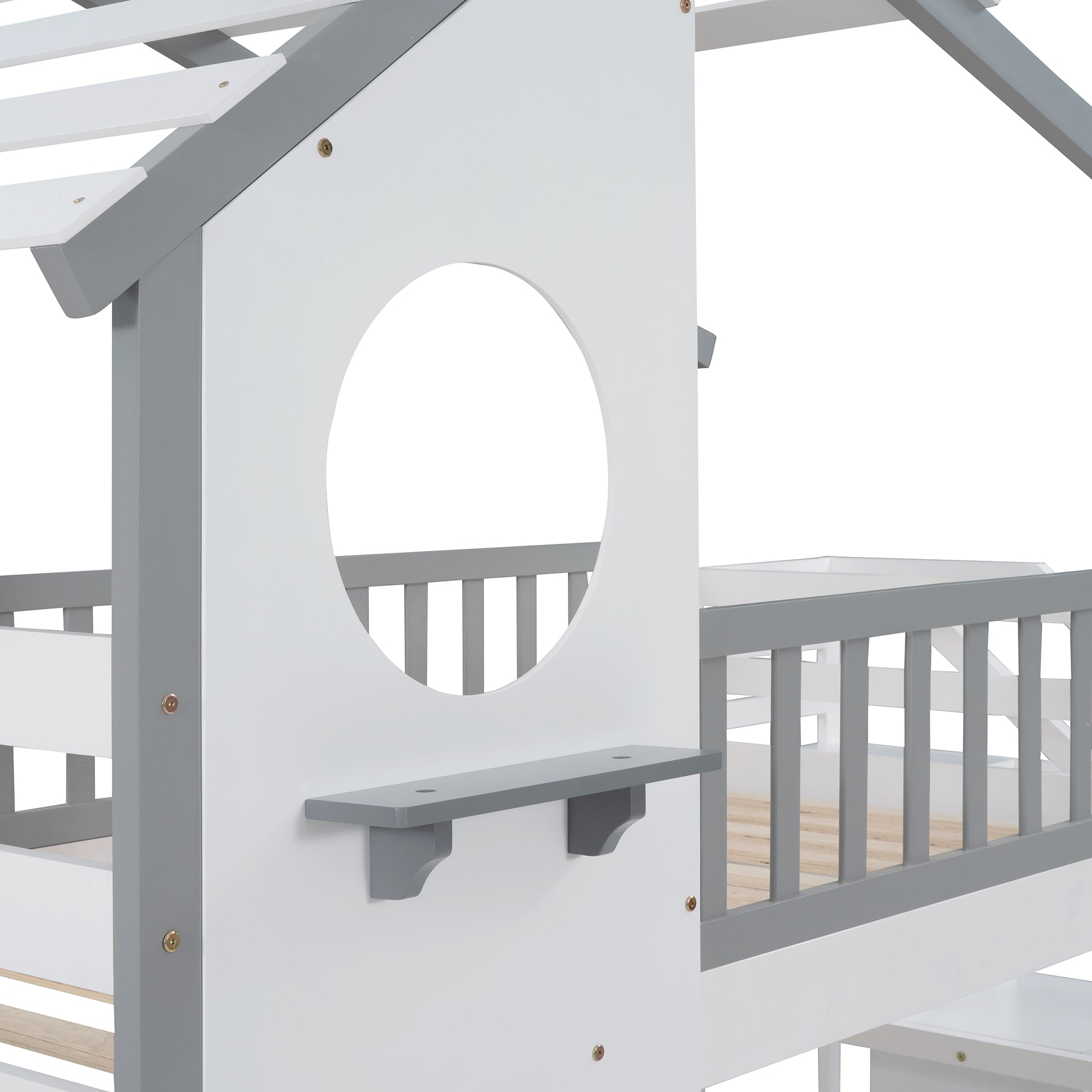 Stairway Twin-Over-Twin Bunk Bed,House Bed,Storage and Guard Rail,Gray Bed +White Stair