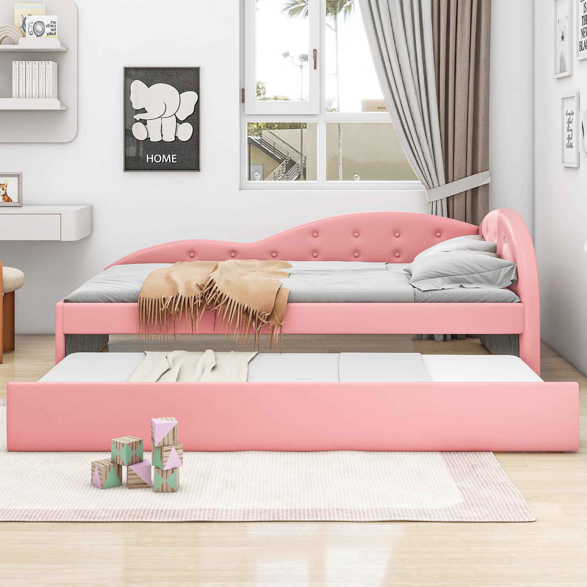Twin Size PU Upholstered Tufted Daybed with Trundle and Cloud Shaped Guardrail, Pink