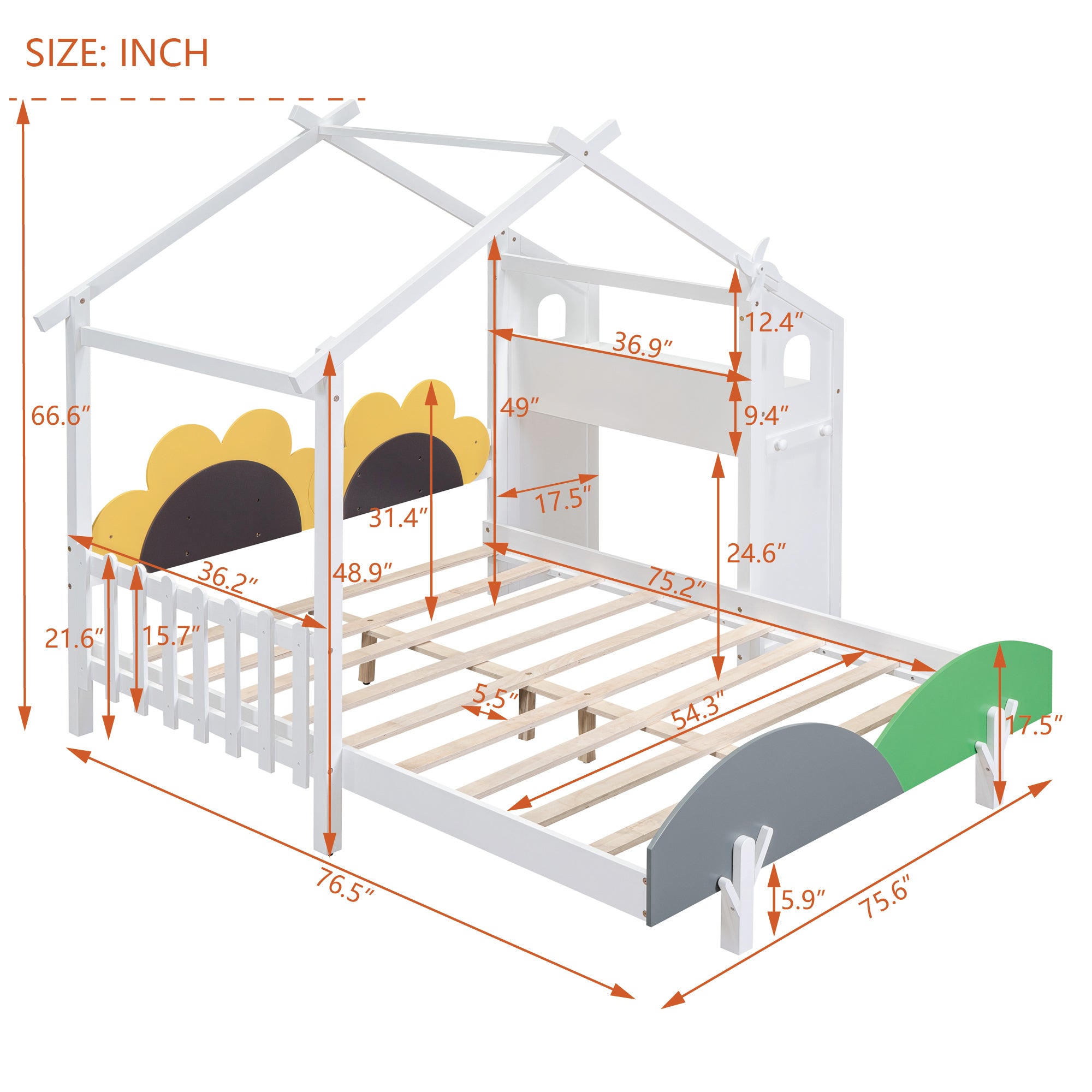 Full Size Platform Bed with Windmill and Flower Decor, House Bed with Desk and two hooks, White