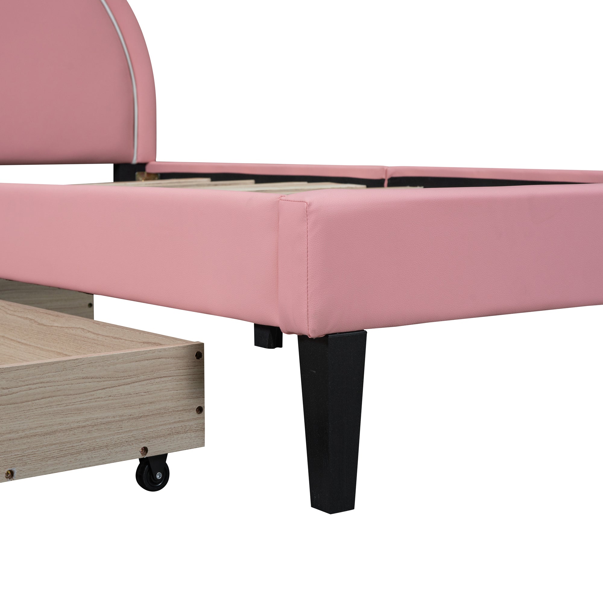 Twin Size Upholstered Leather Platform Bed with Rabbit Ornament and 2 Drawers, Pink