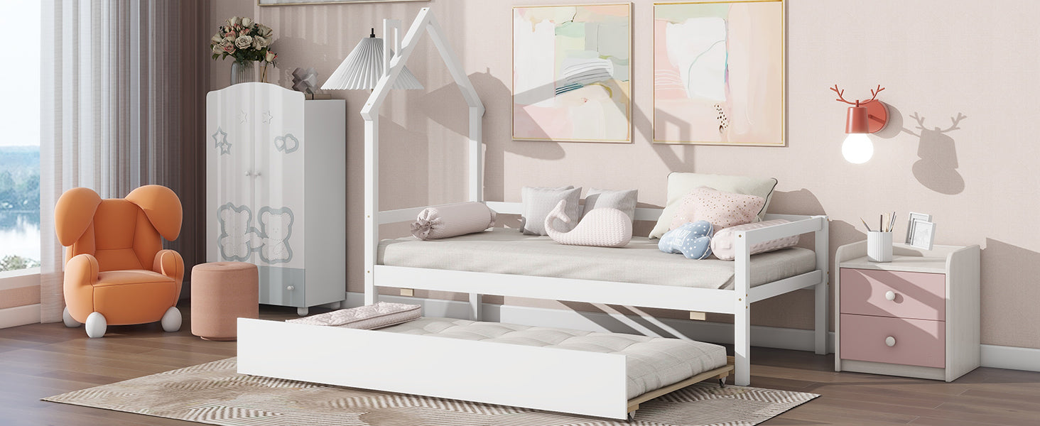 Twin Wooden Daybed with trundle, Twin House-Shaped Headboard bed with Guardrails,White