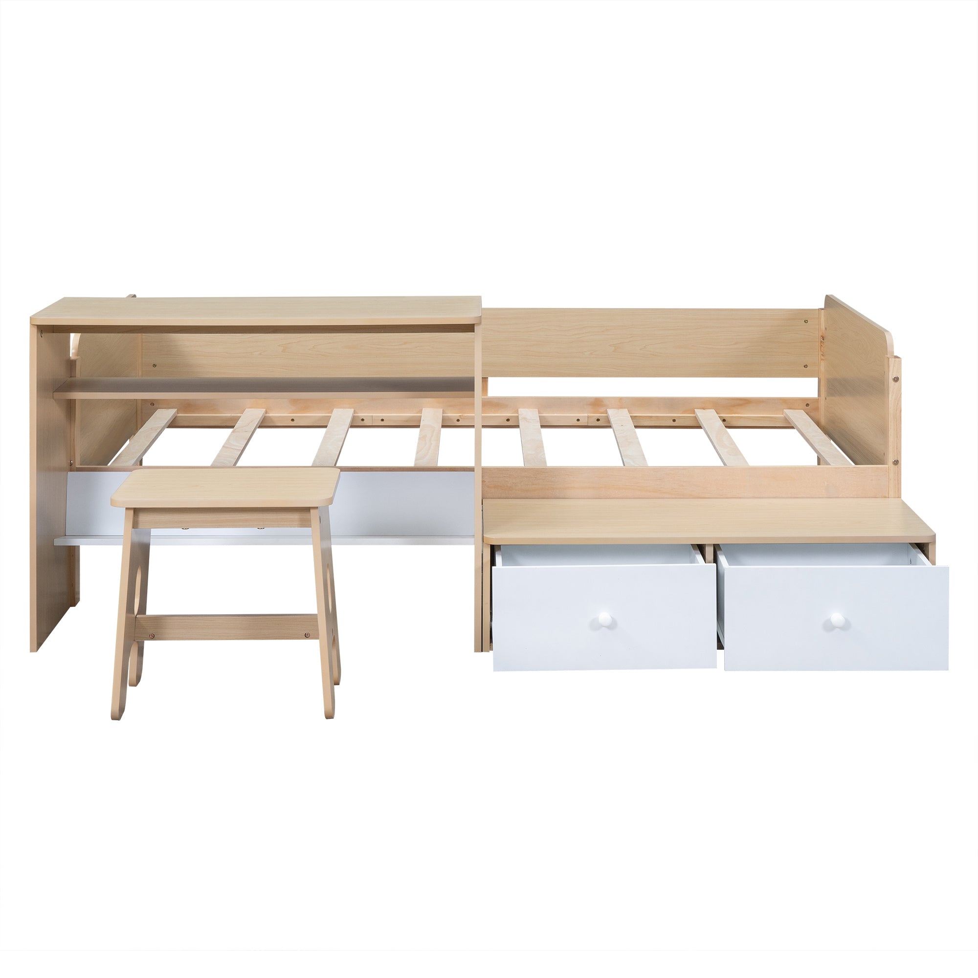 Wood Twin Size Platform Bed with 2 Drawers and 1 Chair&Desk Set, Natural+White(Expected Arrival Time: 11.22)