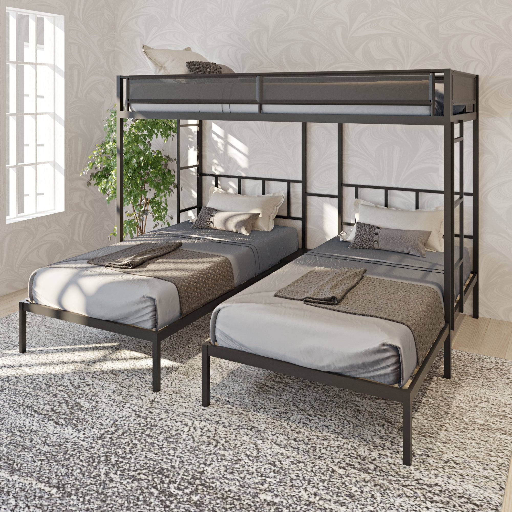 Metal Triple Twin Bunk Bed/ Sturdy Metal Bed Frame/ Noise-free Wood Slats/ Comfortable Textilene Guardrail/ 2 Side Ladders/ Bunk Bed for Three/ No Box Spring Needed