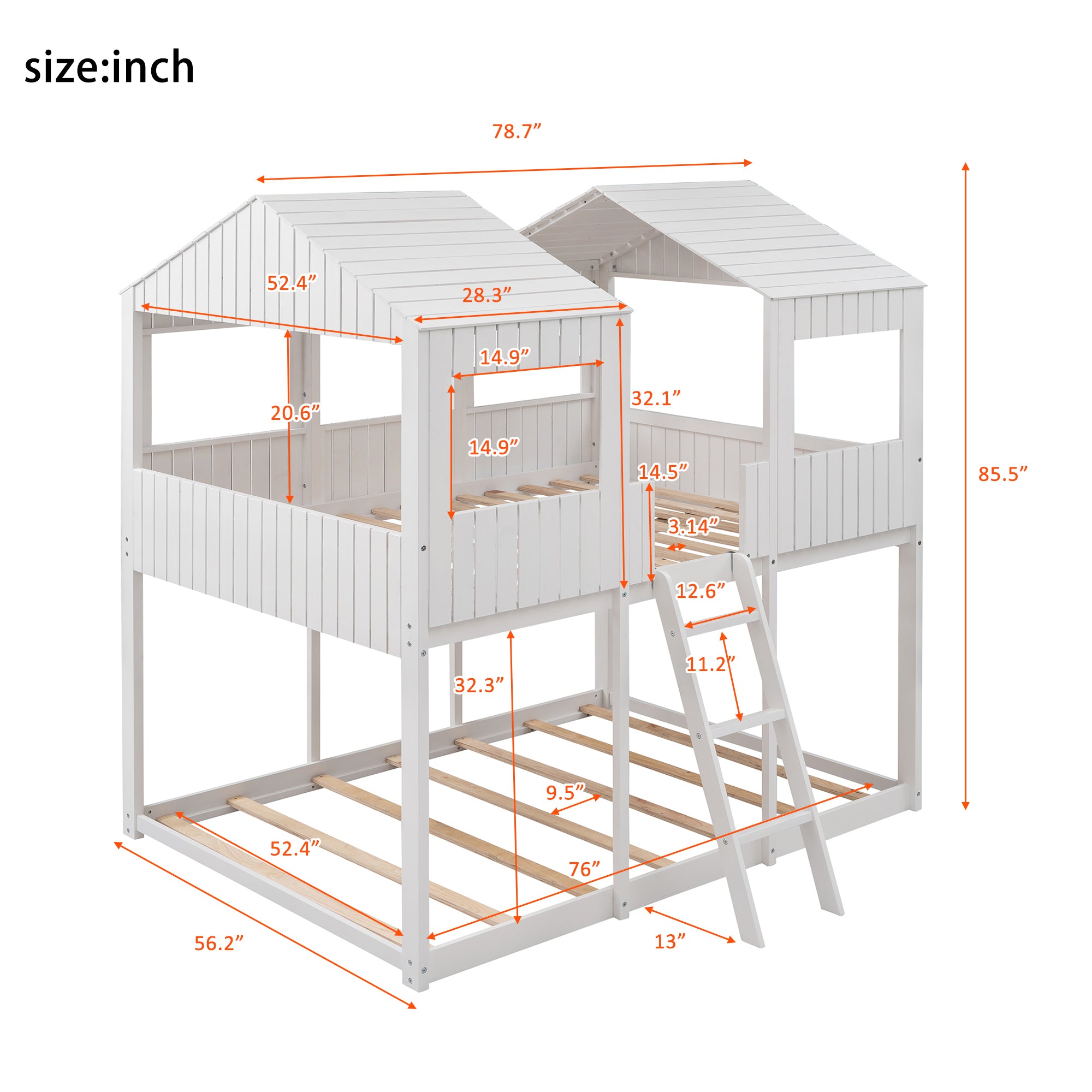 Full Over Full WoodBunk Bed with Roof, Window, Guardrail, Ladder(White)( old sku: LT000031AAK )