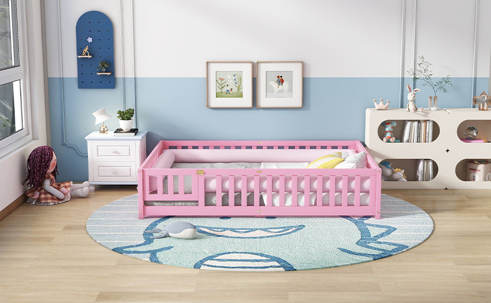 Queen Size Bed Floor Bed with Safety Guardrails and Door for Kids, Pink (Expect Arrival Date Nov.2nd)