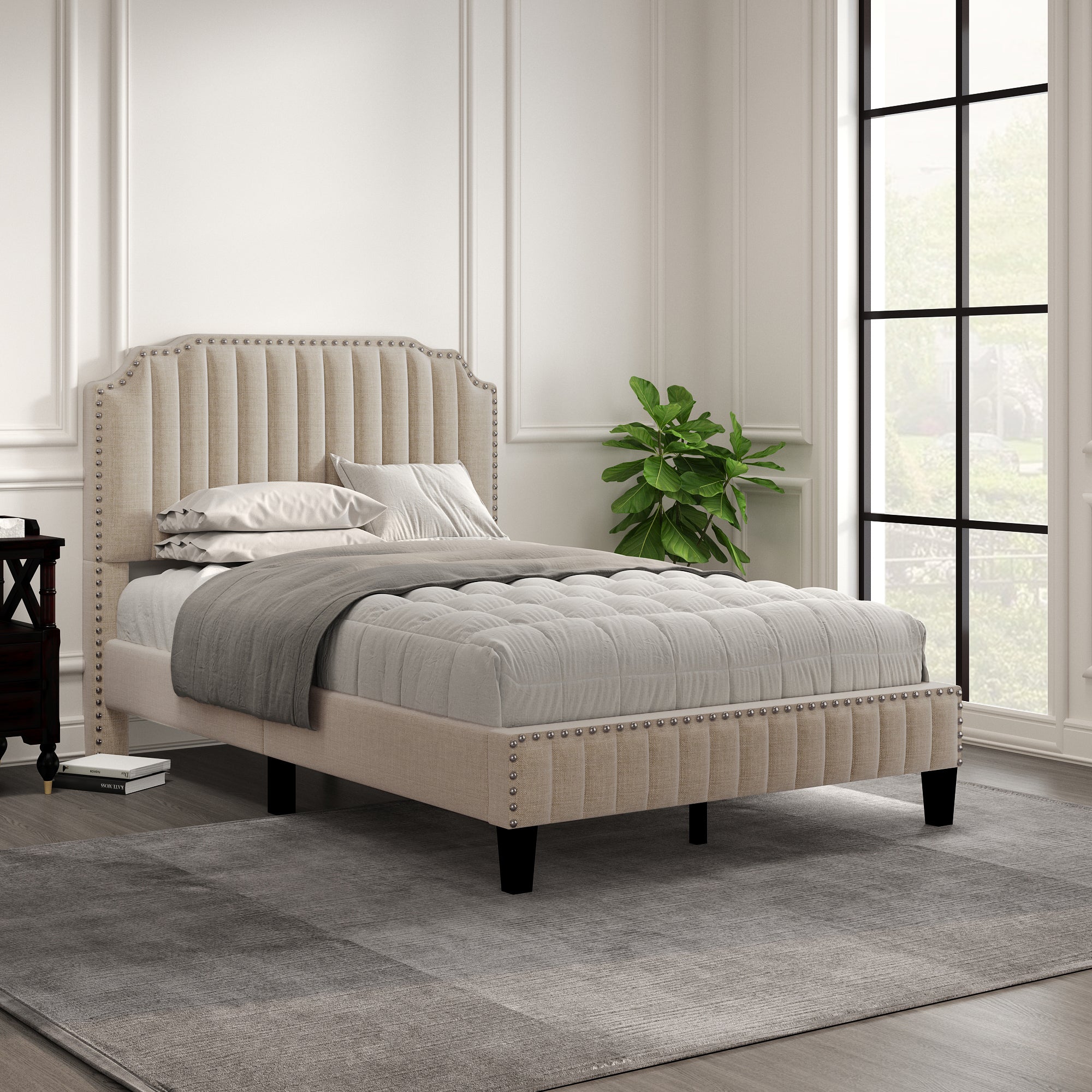 3 Pieces Bedroom Set Modern Linen Curved Upholstered Beige Platform Full Bed with Two Black Cherry Nightstands