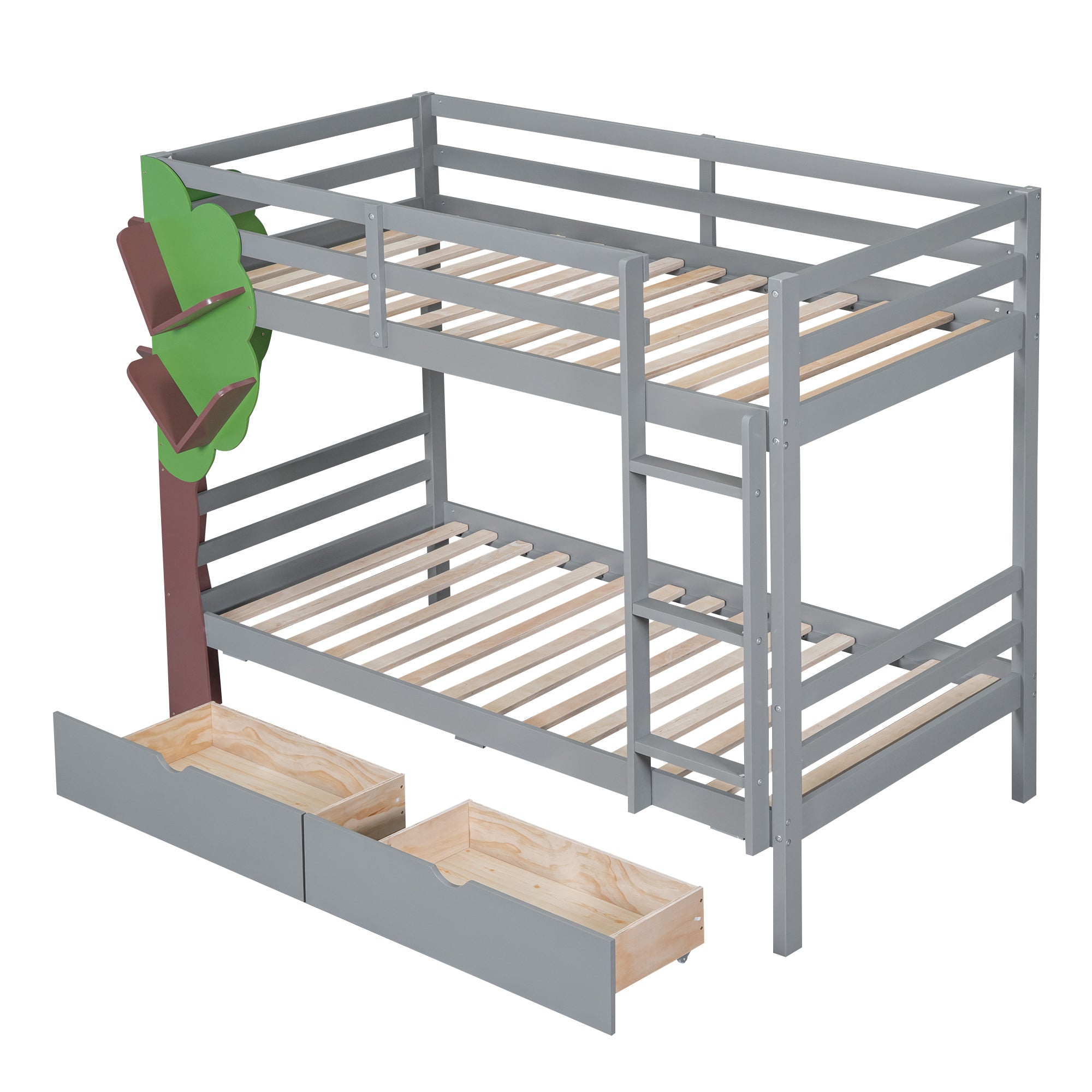 Twin-Over-Twin Bunk Bed with a Tree Decor and Two Storage Drawers, Gray