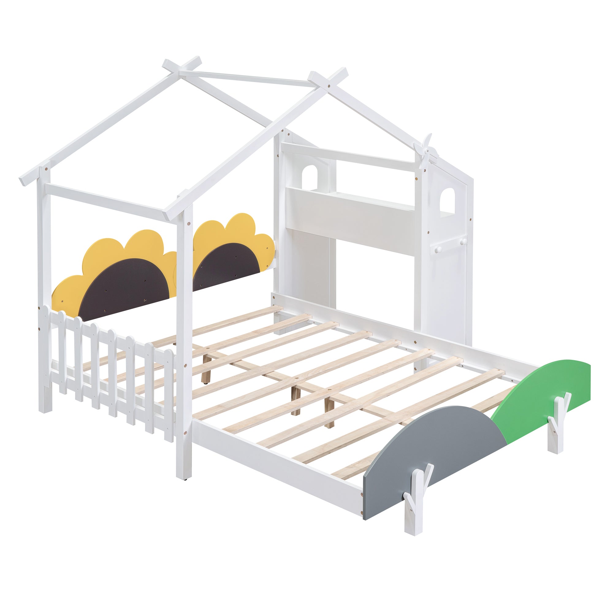 Full Size Platform Bed with Windmill and Flower Decor, House Bed with Desk and two hooks, White