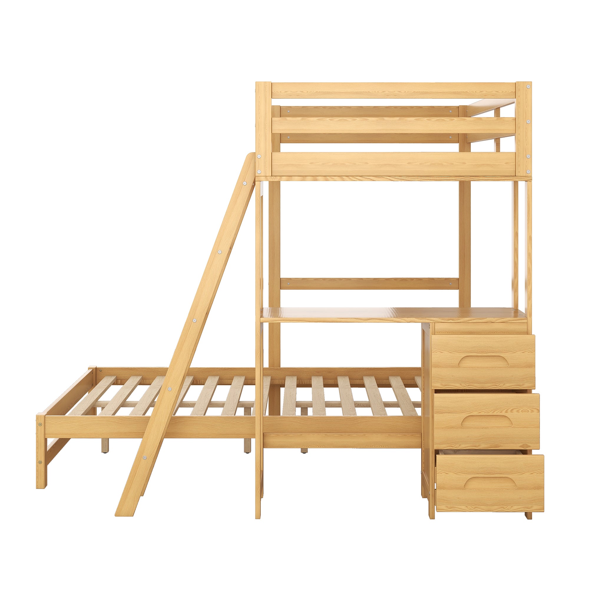 Twin over Full Bunk Bed with Built-in Desk and Three Drawers, Natural