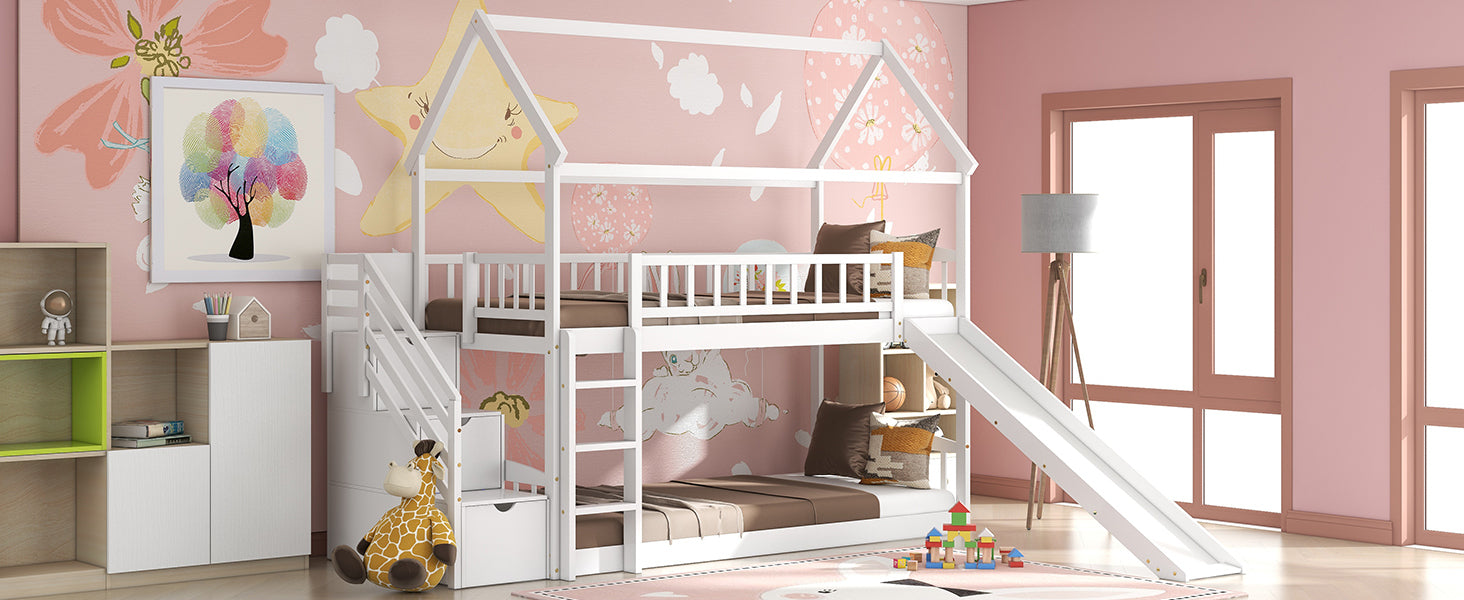 Twin Over Twin Bunk Bed with Drawers and Slide, House Bed with Slide,White(OLD SKU :LT000215AAK)