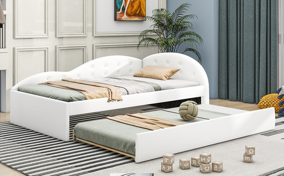 Twin Size PU Upholstered Tufted Daybed with Trundle and Cloud Shaped Guardrail, White