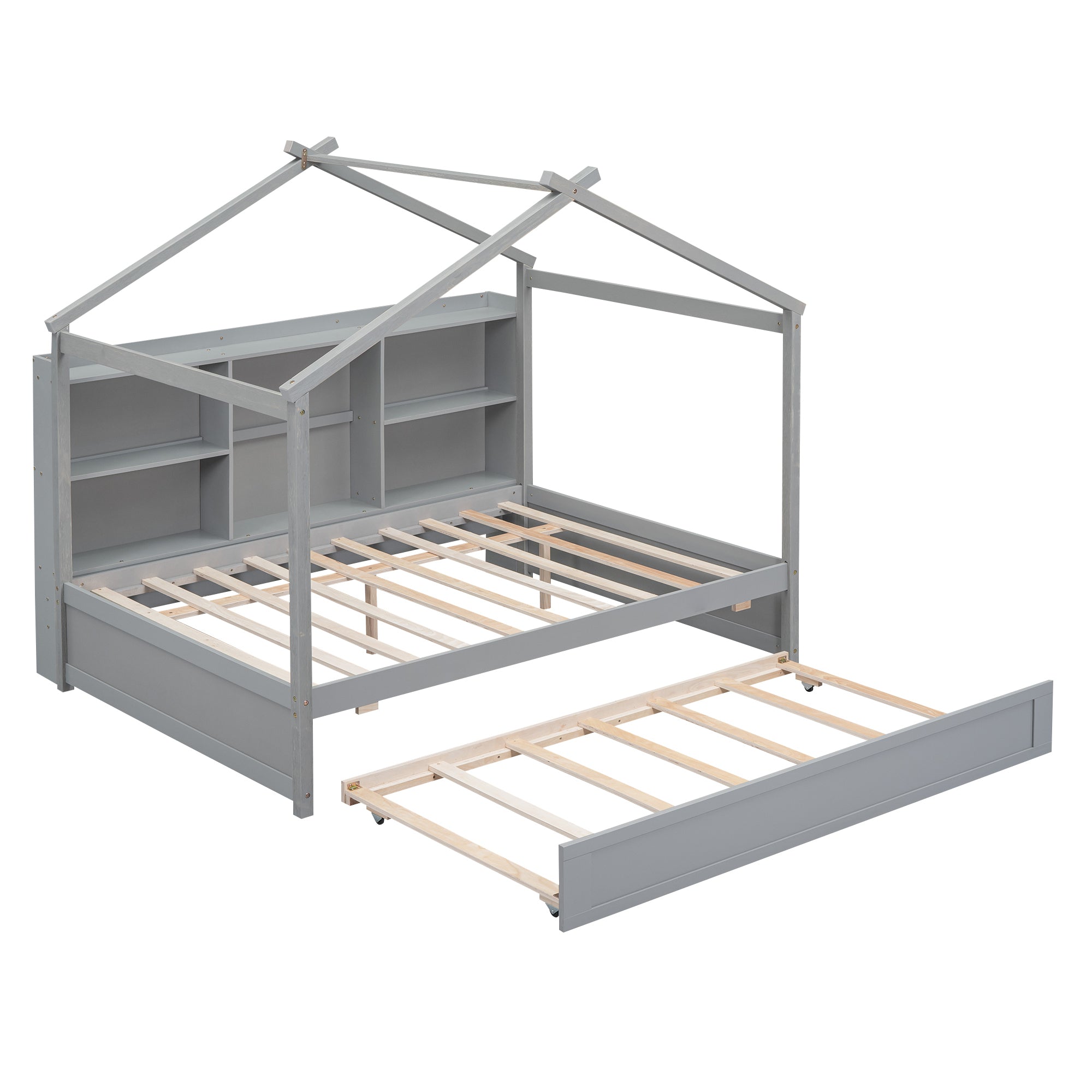 Full Size House Bed with Storage Shelves and Twin Size Trundle, Brushed Gray