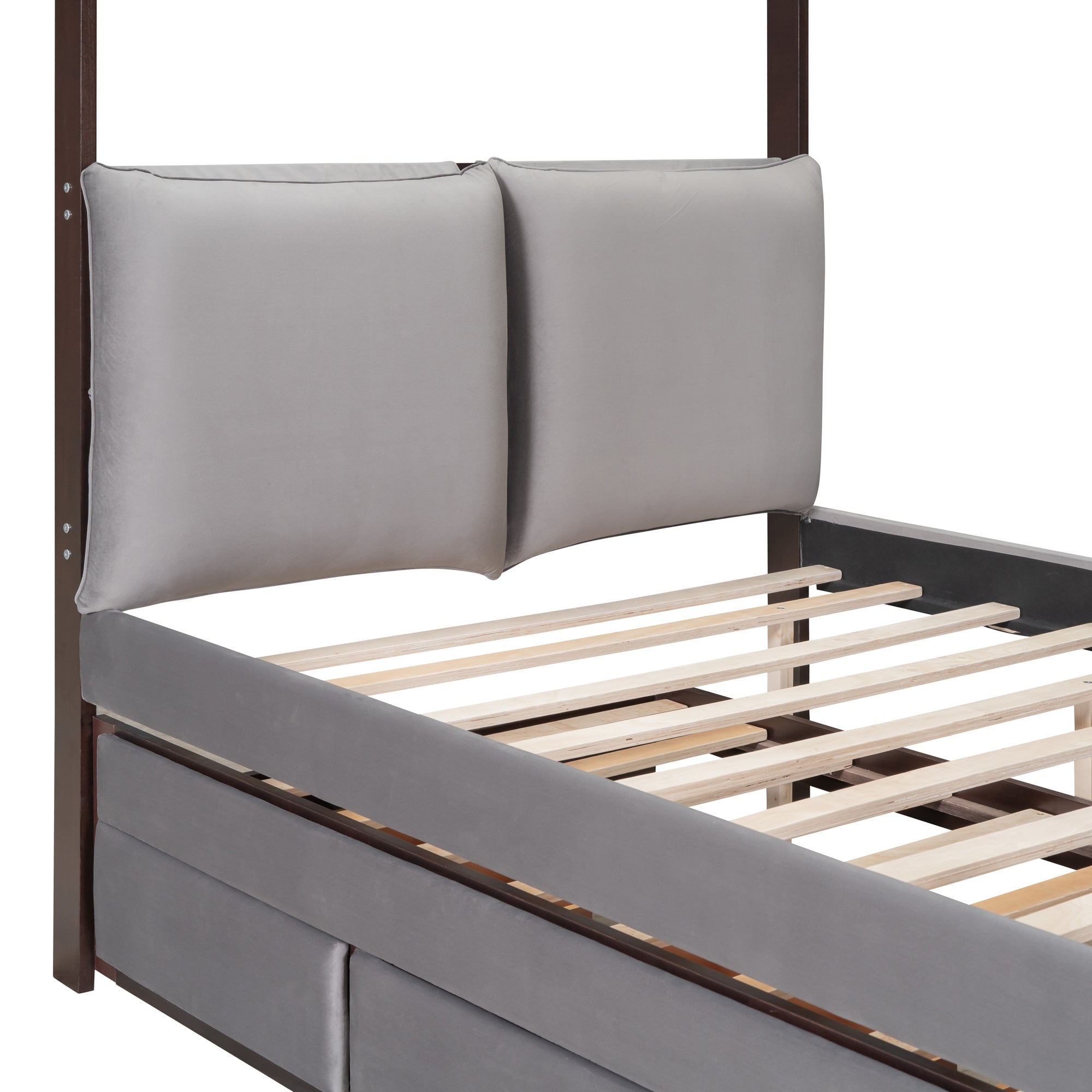 Full Size Upholstered Canopy Bed with Trundle and 3 Drawers, Gray