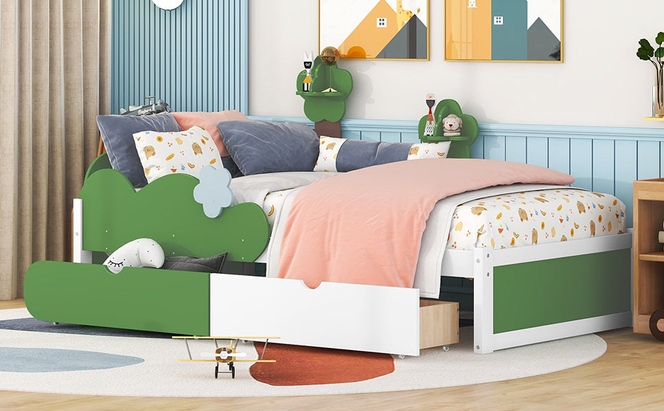 Twin Size Bed with Grass Hill and Trees Decor