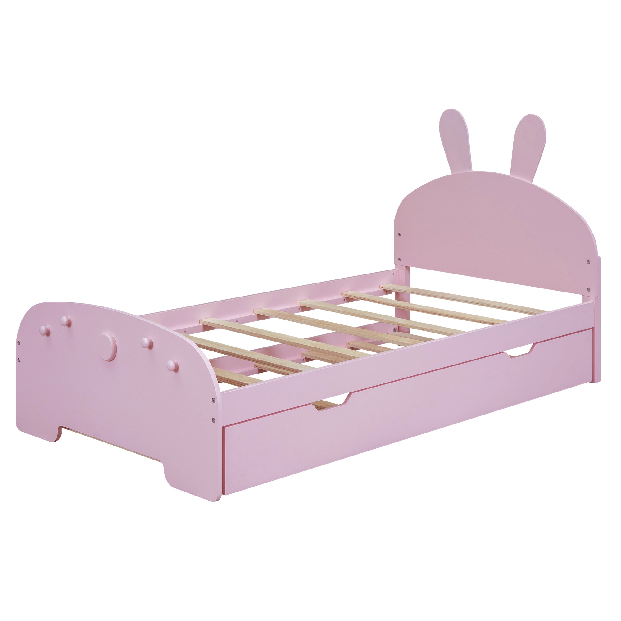 Wood Twin Size Platform Bed with Cartoon Ears Shaped Headboard and Trundle, Pink